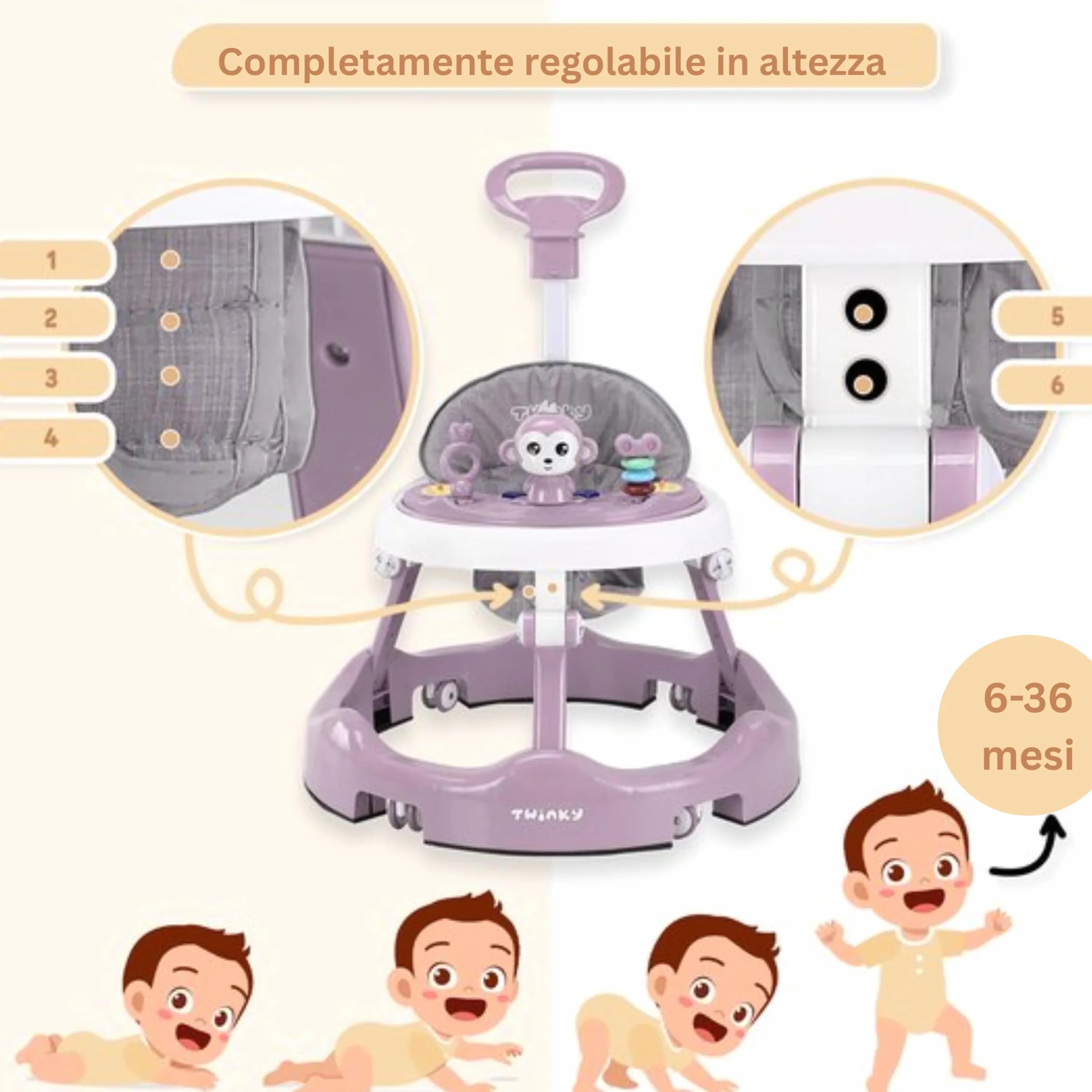 Twinky Girello Neonato 6-12 Mesi – Girello Regolabile e Sicuro per Bambini 6-18 Mesi | Design Pieghevole, Giochi Interattivi e Ruote Silenziose