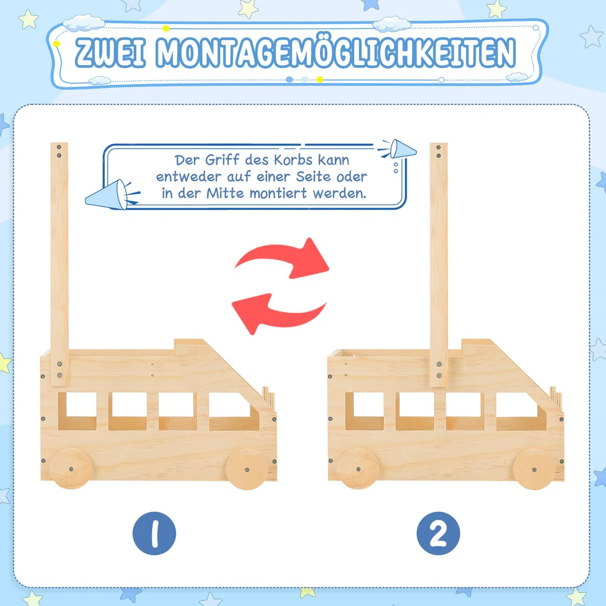 ONUEMP Cestino per bambini in legno con motivo orso, contenitore con ruote e maniglia, 40 x 30 x 58 cm, scatola regalo personalizzabile, per baby shower, legno naturale