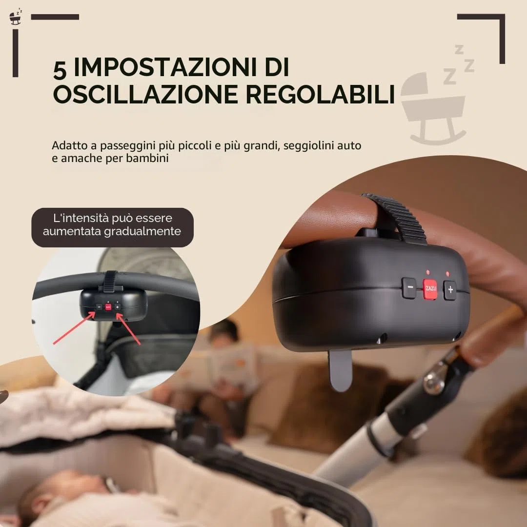 ZAZU Robby - Altalena automatica per passeggino, spessore regolabile, timer da 40 minuti, sensore da viaggio per bambini, ricaricabile USB-C, impermeabile, universale per passeggino e passeggino