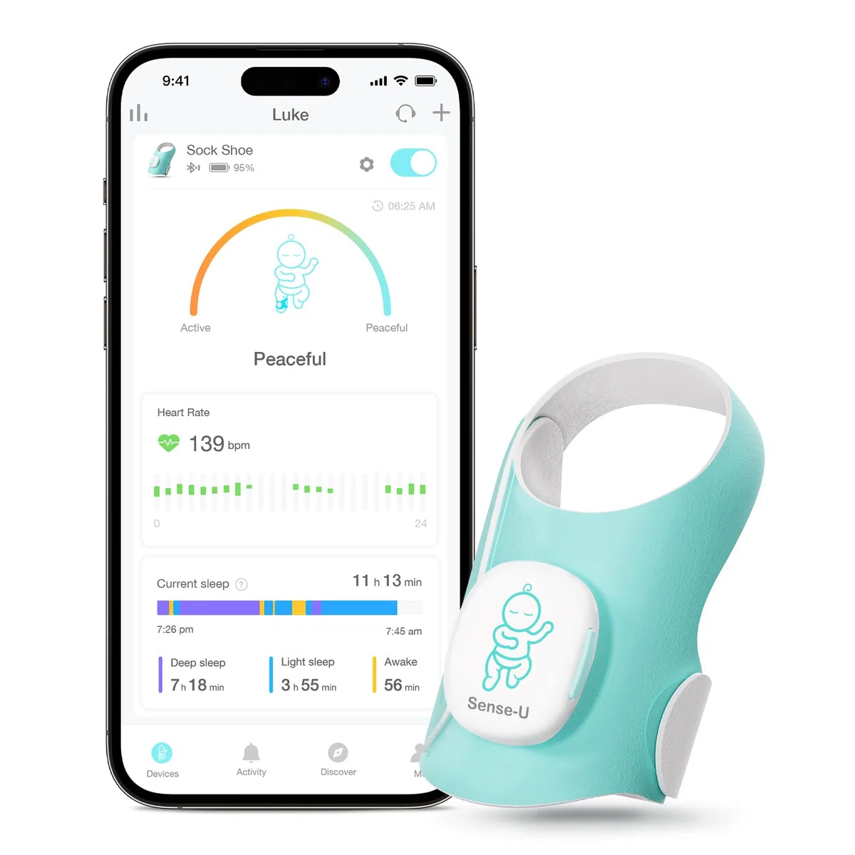 Sense-U Baby Smart Sock Shoe Baby Monitor, monitora i modelli di sonno, frequenza cardiaca, movimento per la pace della mente, monitor del piede infantile per un sonno migliore, 0-12 mesi