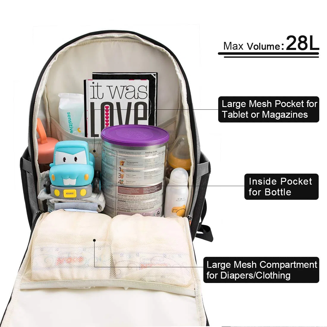 NEWHEY Zaino per pannolini per bambini, impermeabile, grande capacità, borsa da viaggio, multifunzione, zaino con 2 cinghie per passeggino per mamma papà