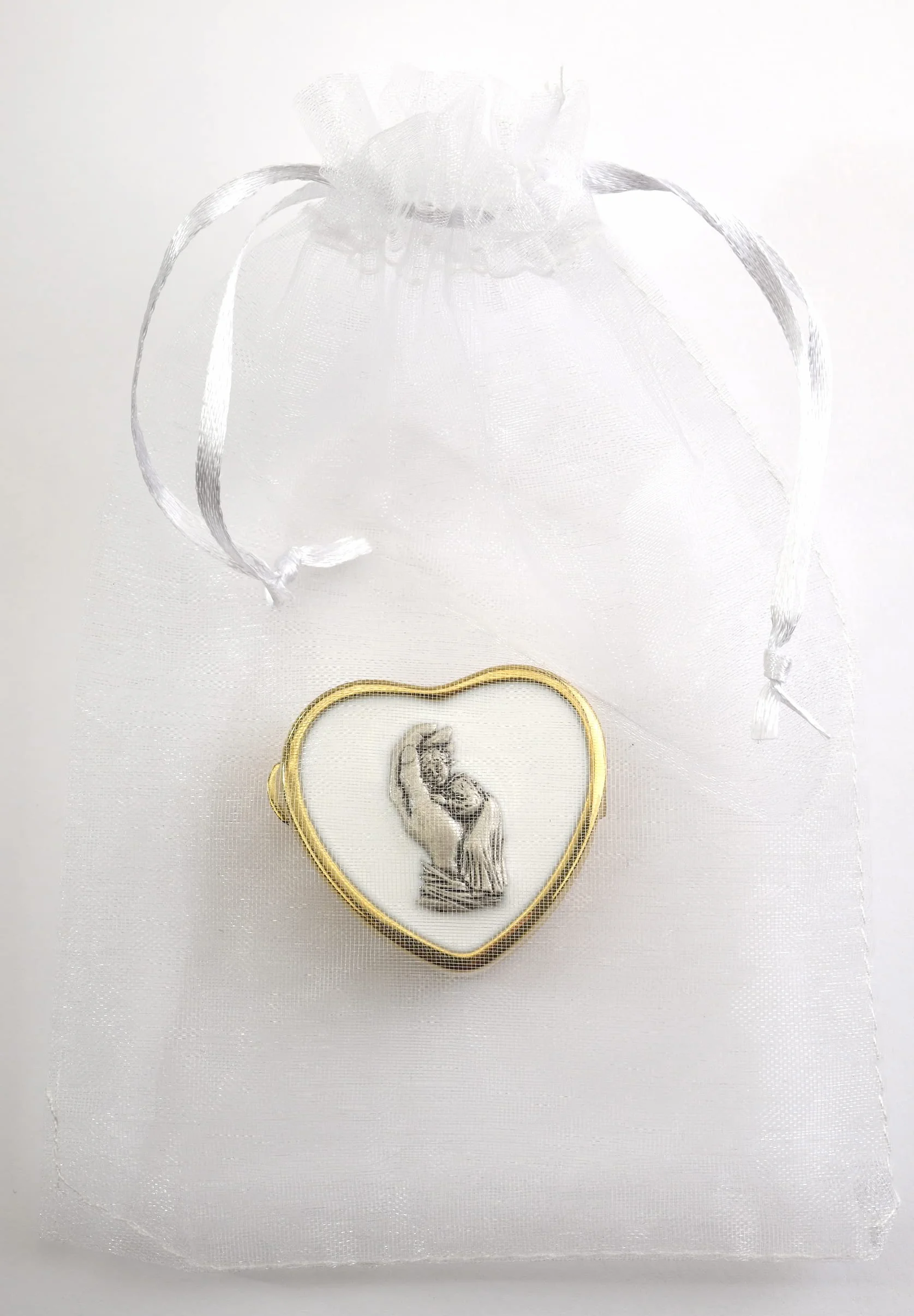 MaMeMi Rosario Prima Comunione con Perline Bianche e Croce – Calice Argento in Scatolina a Cuore Dorata con Angelo – Regalo Bambini