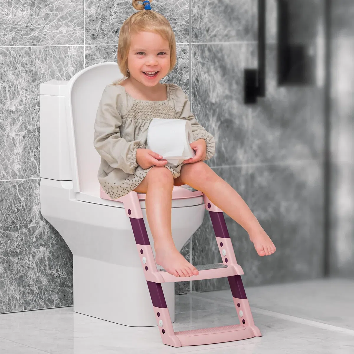 Allenatore per vasino per bambini, Tavoletta Bagno, Seduta Water, pieghevole, regolabile in altezza, con scale antiscivolo e cuscino morbido