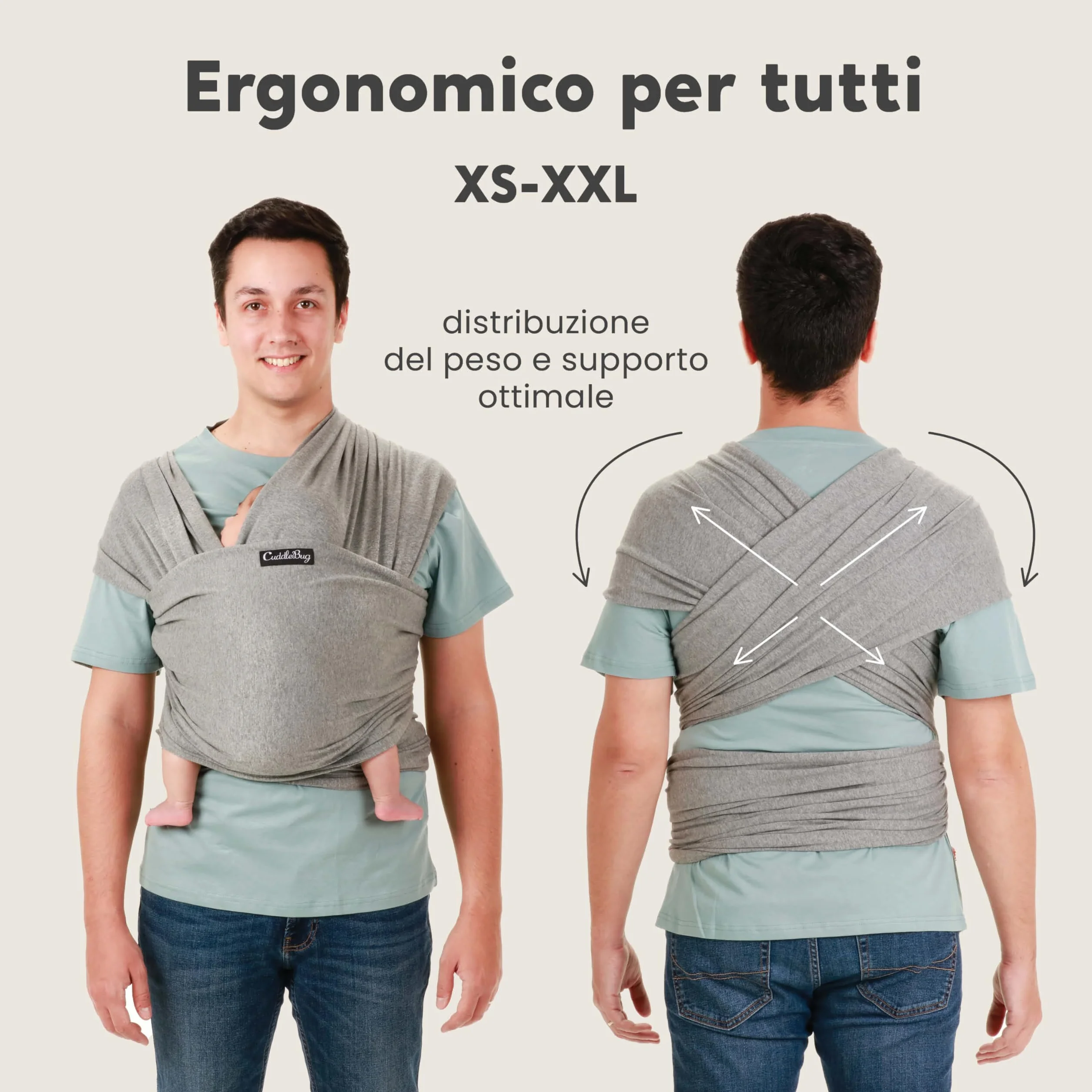 CuddleBug Fascia Porta Bebé Neonato e Bimbi fino a 16 Kg – Fascia Neonato per Trasporto a Mani Libere – Marsupio Bambino a Fascia – Ideale come Regalo Nascita e Baby Shower (Grigio/Grey)