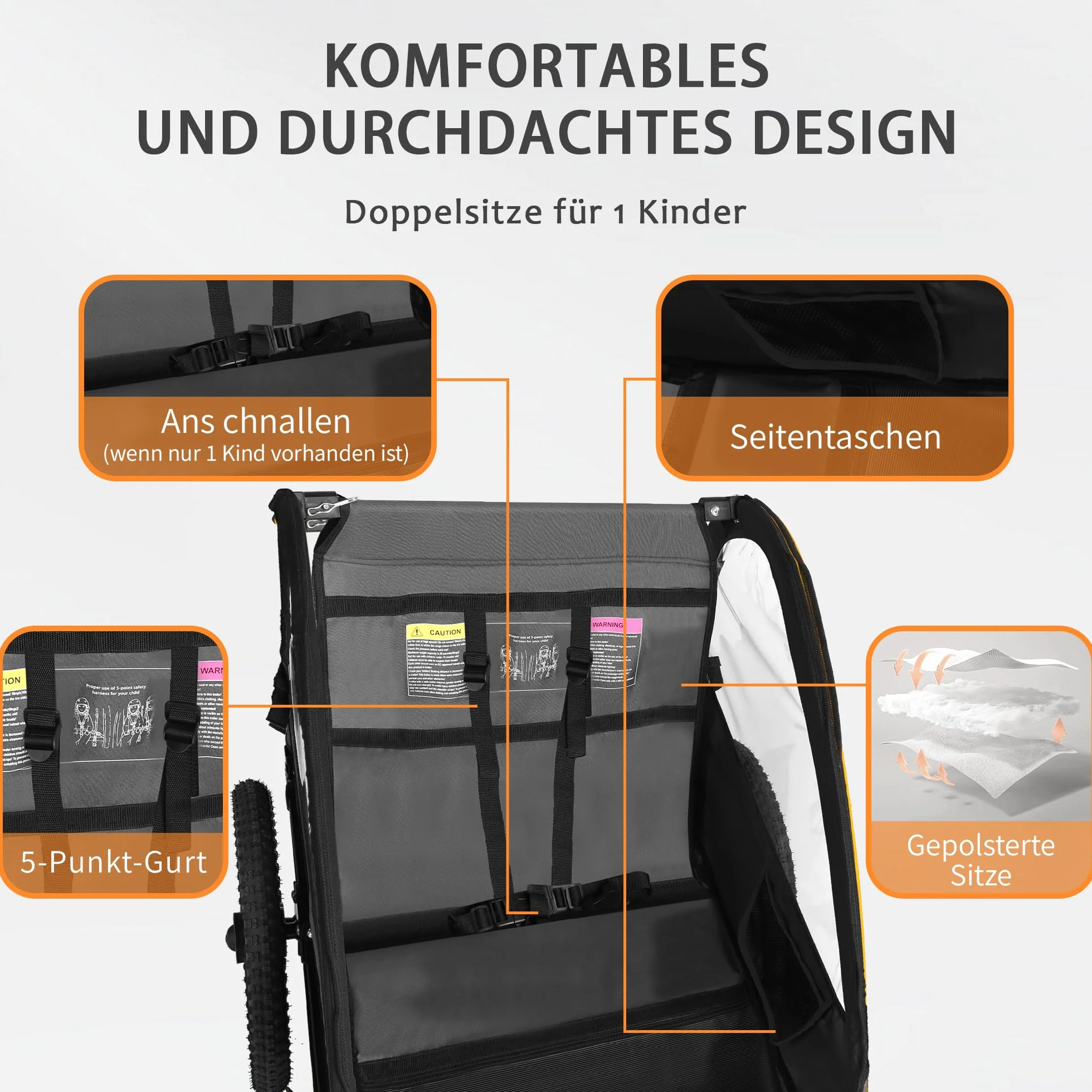 Pieghevole Rimorchio per Bicicletta 2 in 1 con Sospensione per Bambini 1-2, Passeggino con Grande Spazio di Archiviazione, Funzione Jogger
