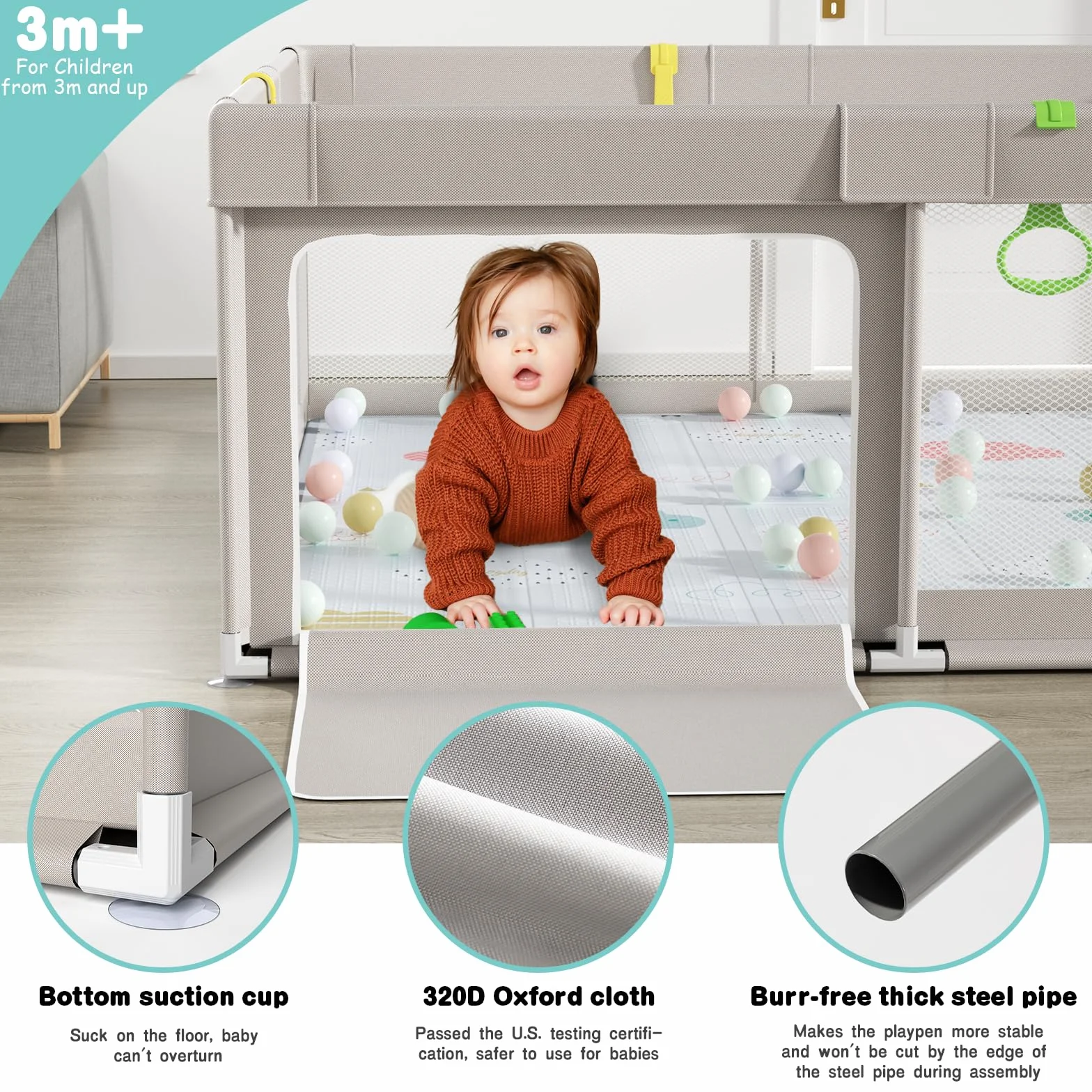 Uanlauo 150 x 150 cm, box con tappetino da gioco, XXL per bambini, per interni ed esterni, area attività per bambini, con porta con cerniera e 4 anelli