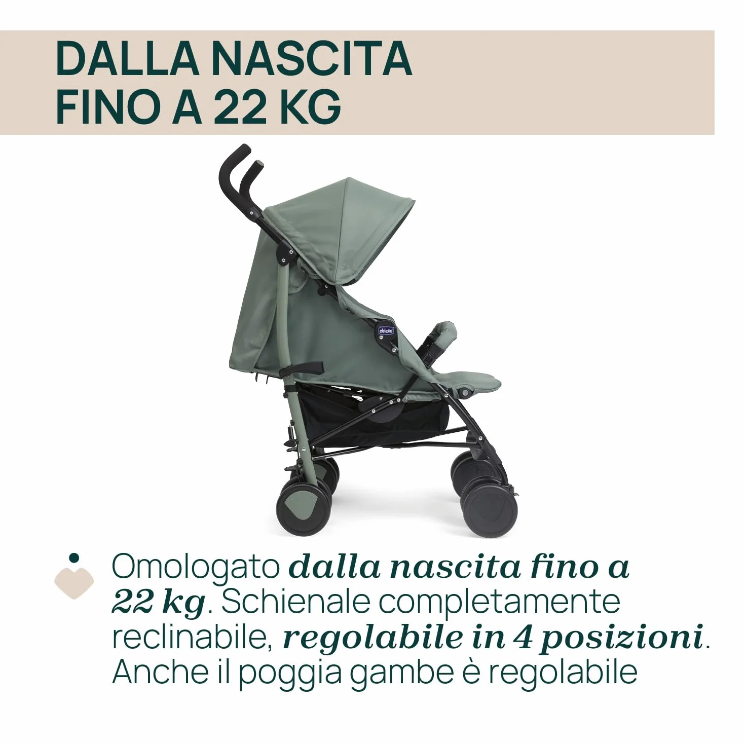 Chicco Echo Lite Passeggino Leggero 0-22 kg Schienale Reclinabile 4 Posizioni Ruote Anteriori Girevoli