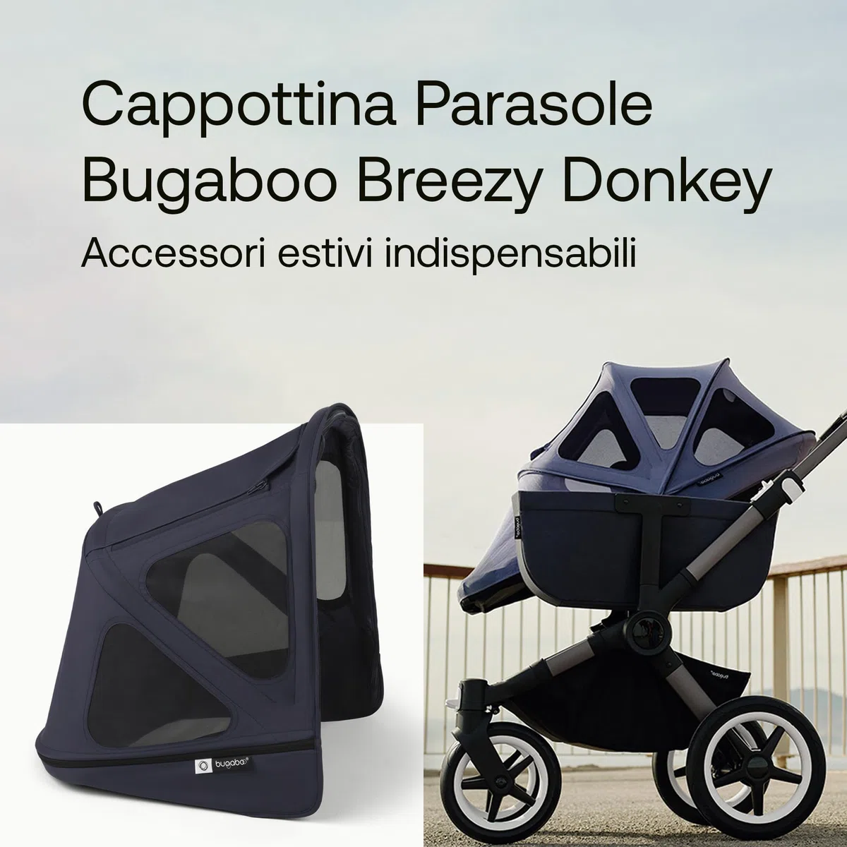 Bugaboo Donkey Cappottina Breezy, Estensibile per una maggiore copertura e una Protezione Solare ottimale, Resistente all'Acqua, Compatibile Con Tutti i Passeggini Donkey, Deep Indigo