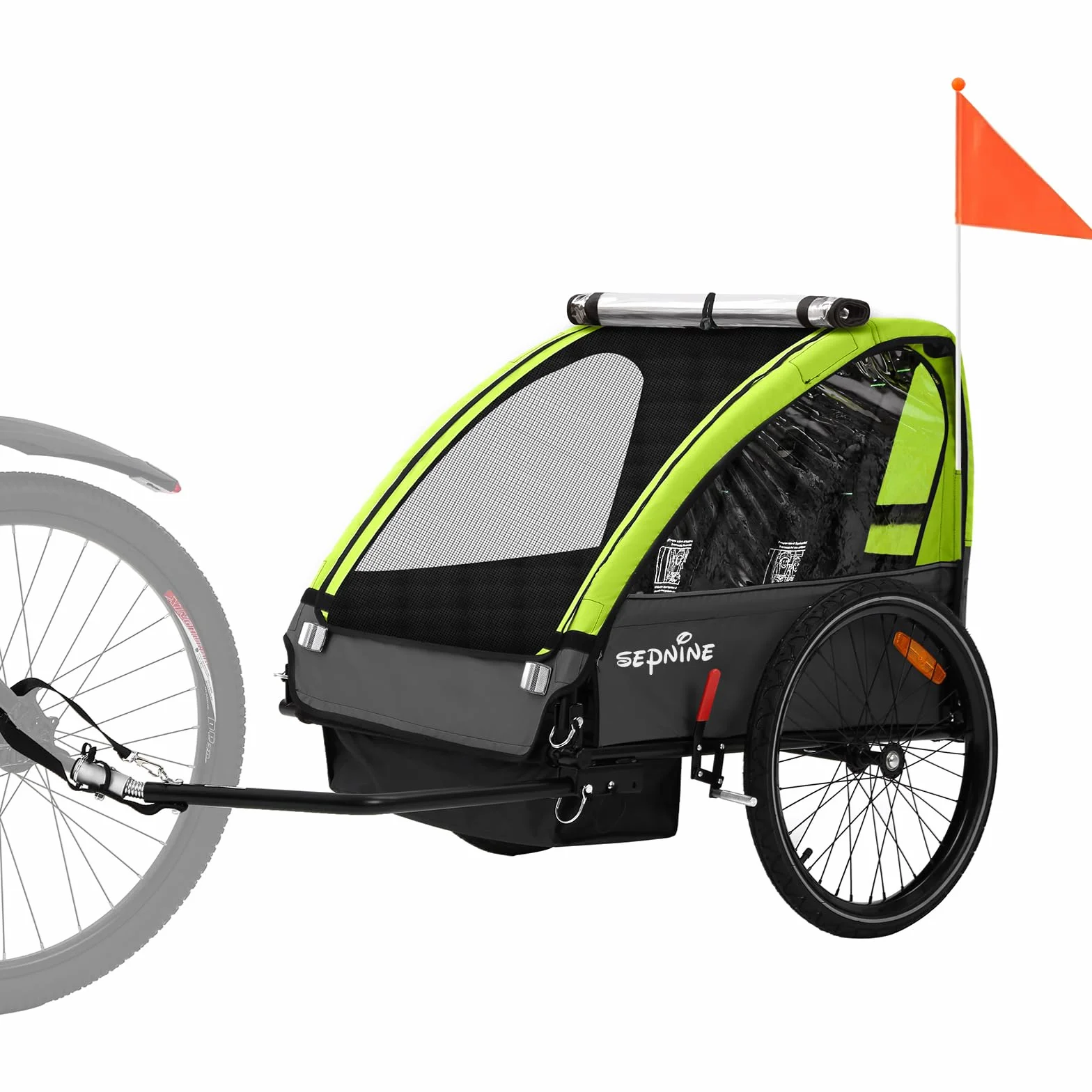 SEPNINE Rimorchio per bambini, a due posti, per fuoristrada, cinture di sicurezza integrate, pieghevole con freno a mano, per 1-2 bambini, max. 40 kg