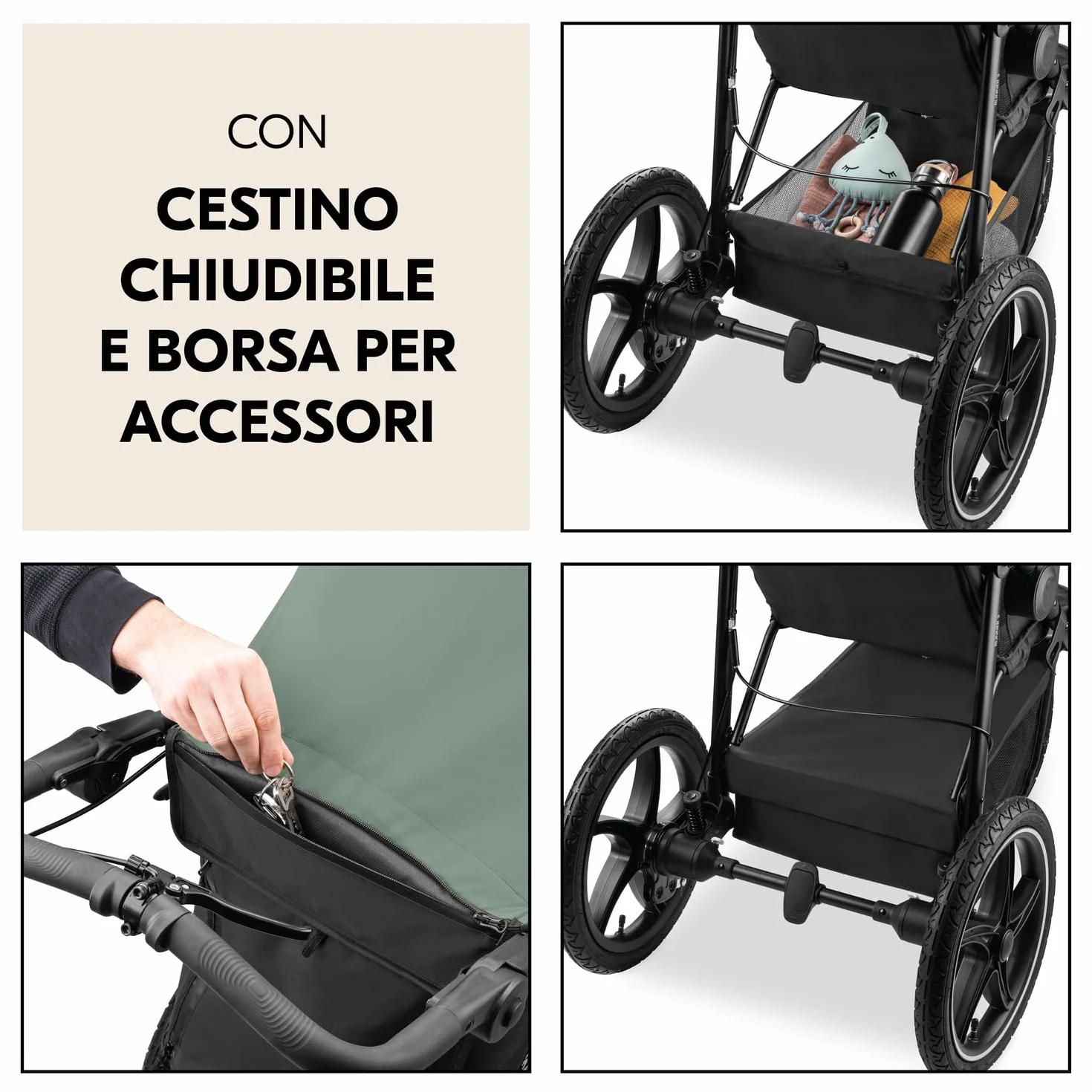 Hauck Runner 3 Verde Giungla Passeggino 3 Ruote d'Aria 22 kg Sospensione Regolabile Freno a Mano Cappottina XL UPF 50+