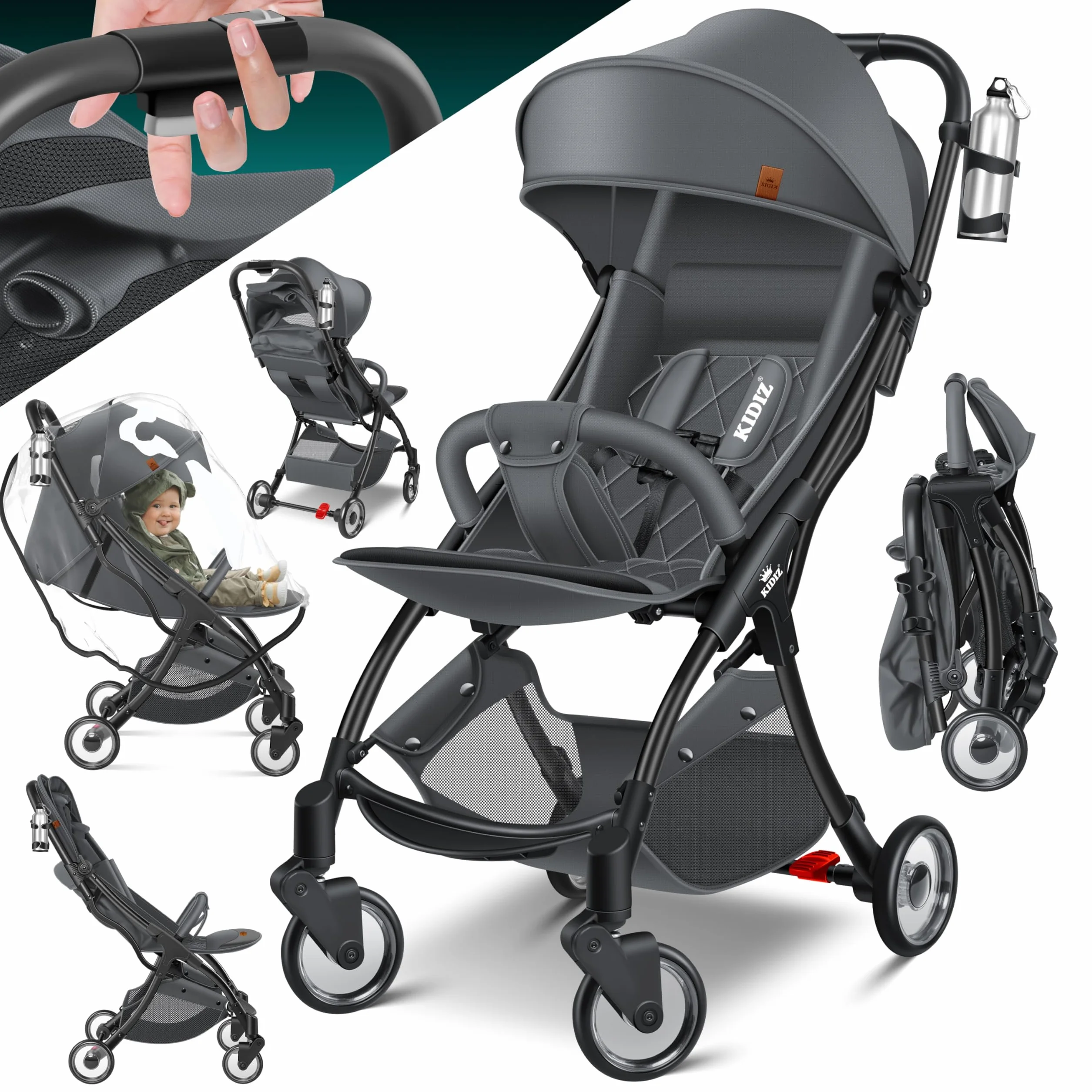 KIDIZ® Premium Passeggino Pieghevole con Ruote 360°, Imbracatura 5 Punti, Portabibite, Parapioggia, Schienale Regolabile, Capottina Parasole, Antracite