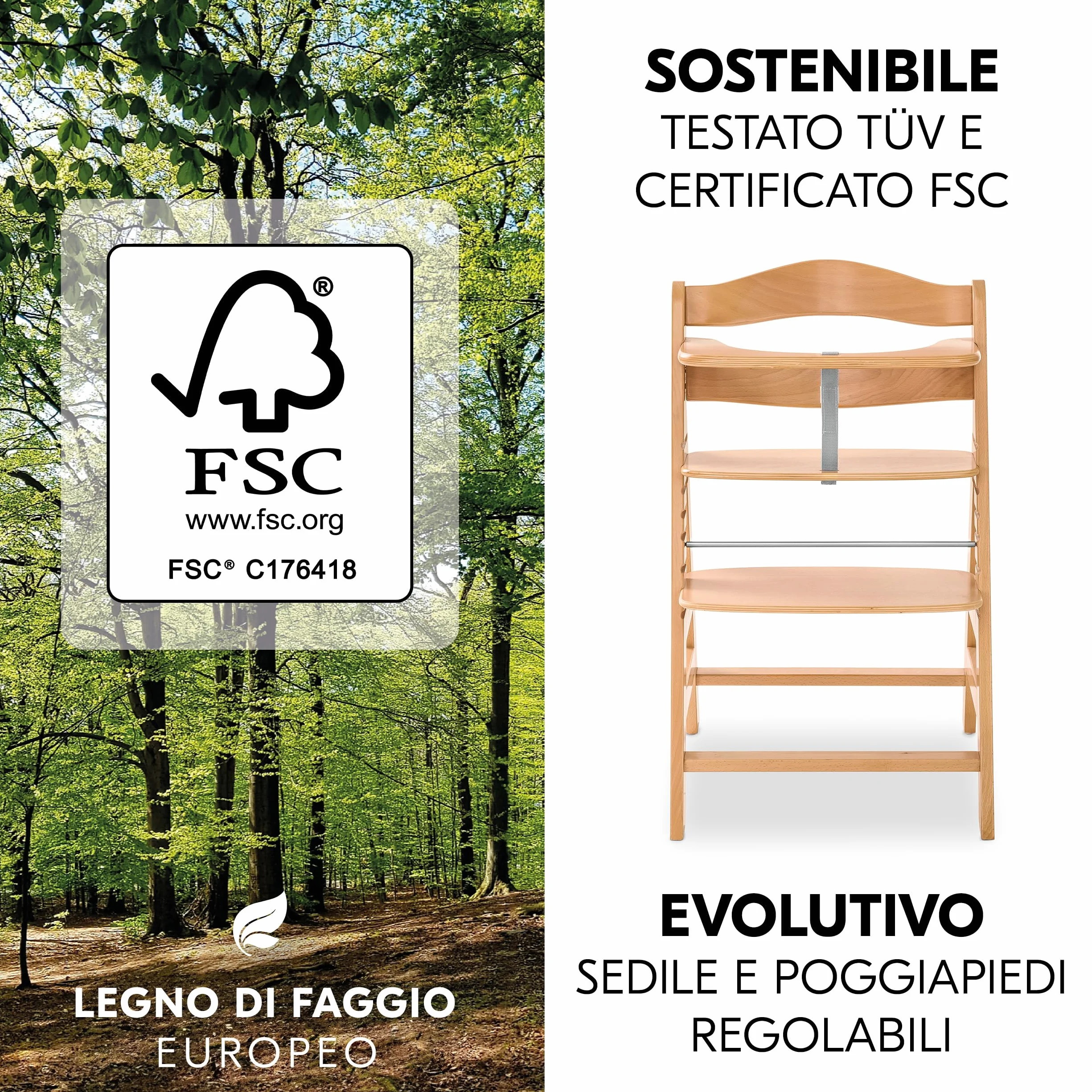 Hauck Alpha Plus Newborn Set Deluxe Seggiolone Evolutivo Legno Naturale con Sdraietta Dondolo e Cuscino