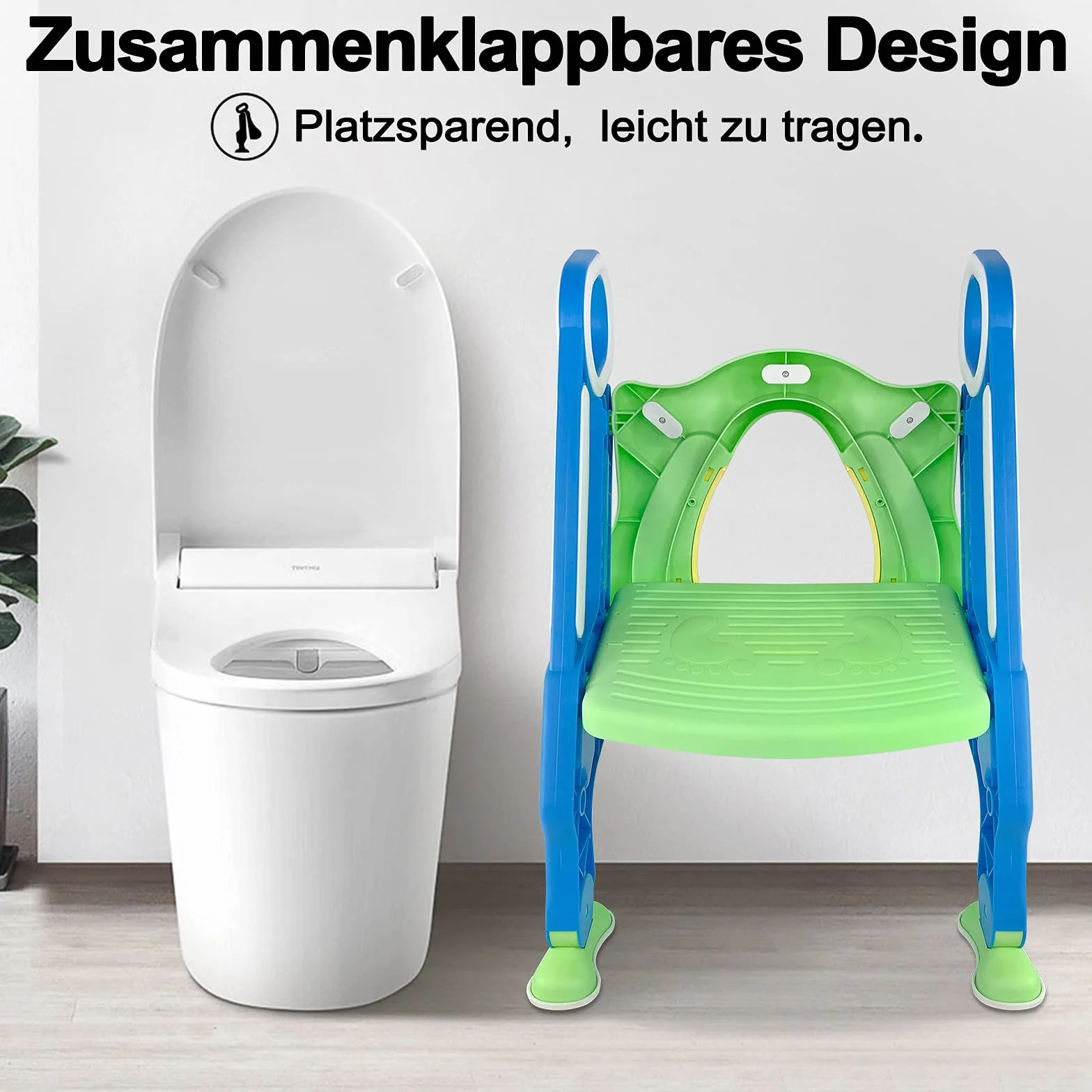 NAIZY Sedia da WC per Bambini con Scala Pieghevole, Regolabile in Altezza, Cuscino Imbottito in PU e Maniglie, Adatta a Bambini da 1 a 7 Anni, Blu e Verde