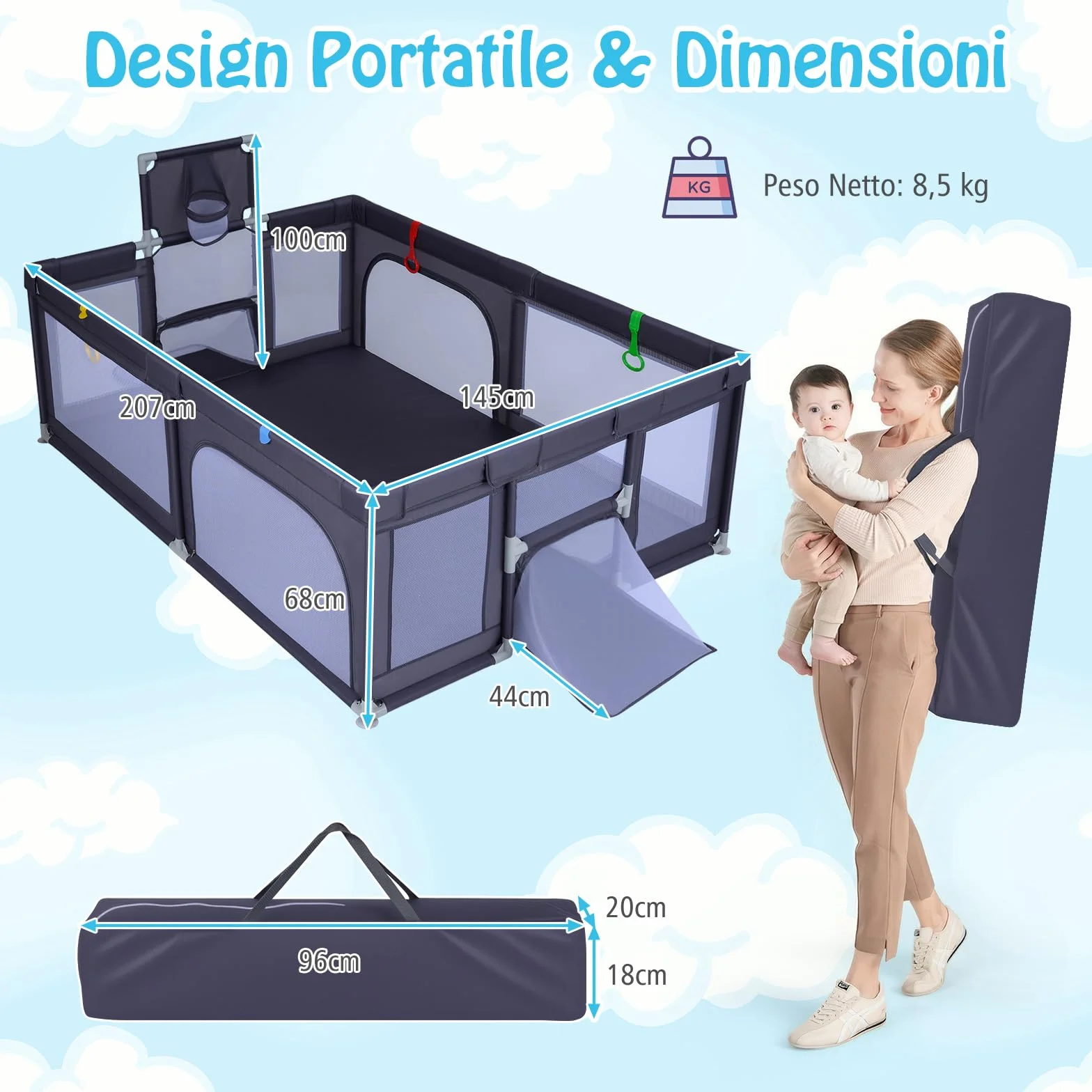 COSTWAY Box Neonati 210x150 cm Recinto Bambini Pieghevole con Canestro Basket 2 Porte Calcio Parco Giochi 50 Palline 4 Anelli Borsa Trasporto Grigio Scuro