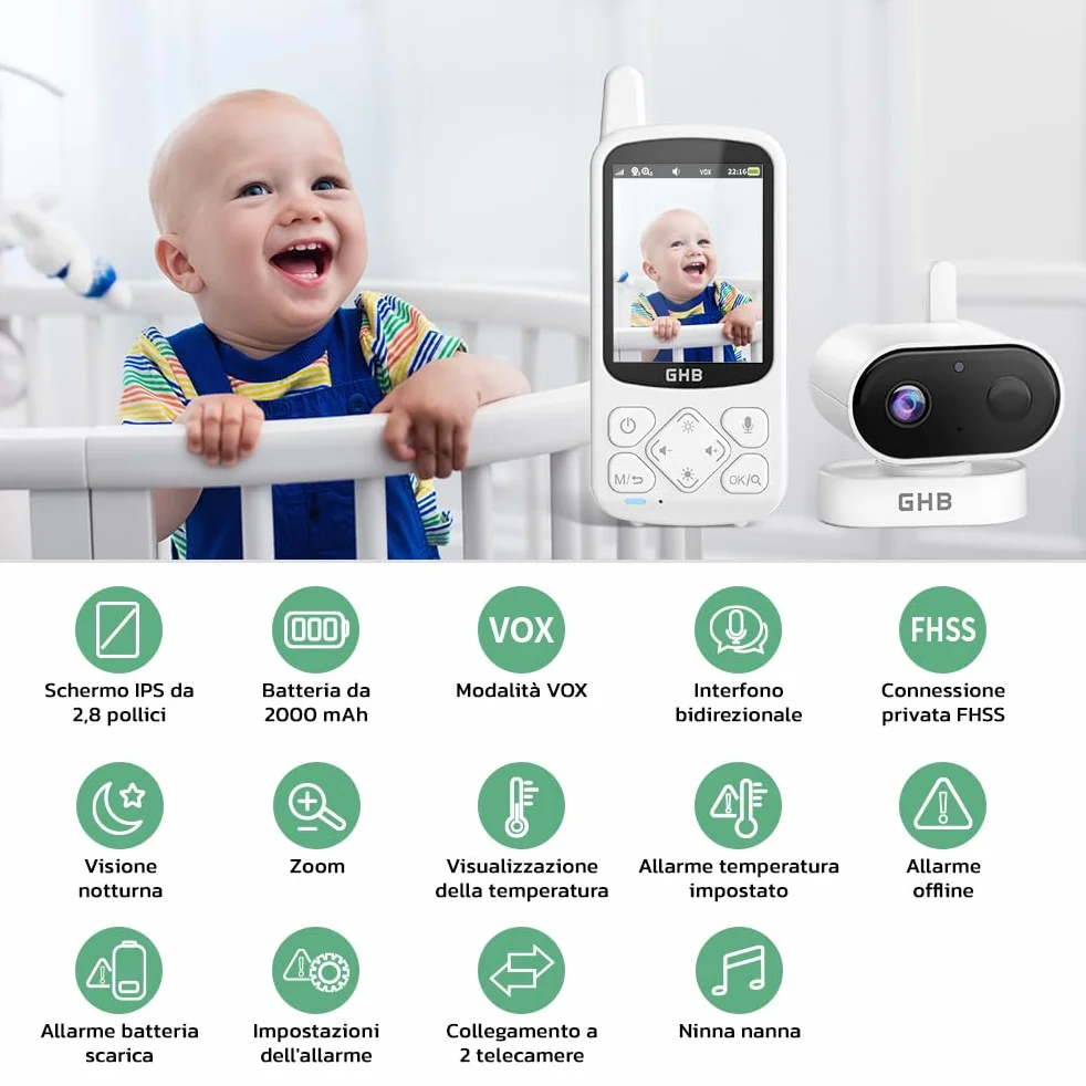 GHB Baby Monitor 2.8", 2000mAh Batteria, Schermo IPS HD Audio Bidirezionale, VOX Visione Notturna, Monitoraggio Temperatura, 8 Ninne Nanne