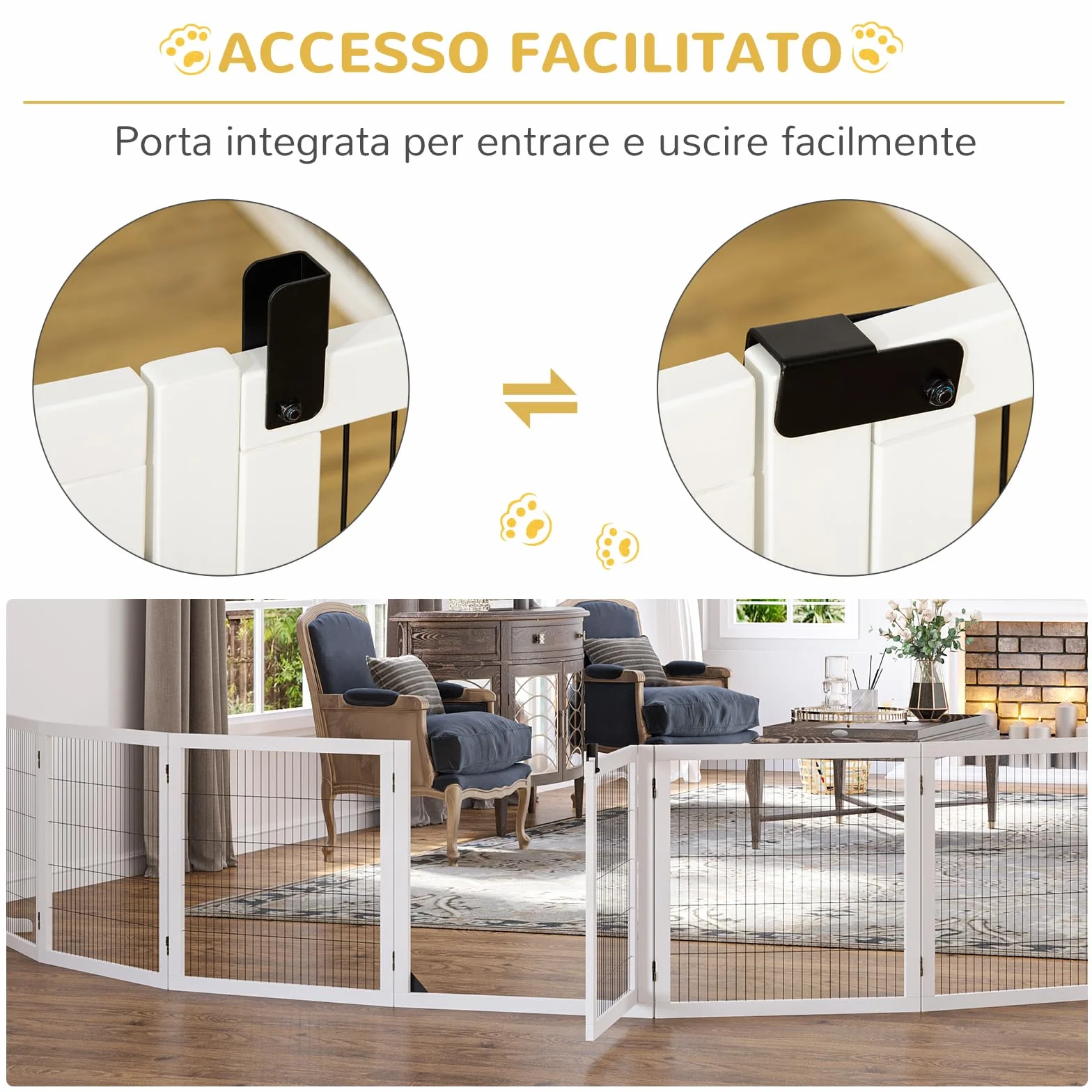 PawHut Cancelletto per Cani di Piccola/Media Taglia a 6 Pannelli Pieghevoli, Cancelletto di Sicurezza in Legno e Acciaio, 432x36x70 cm, Bianco