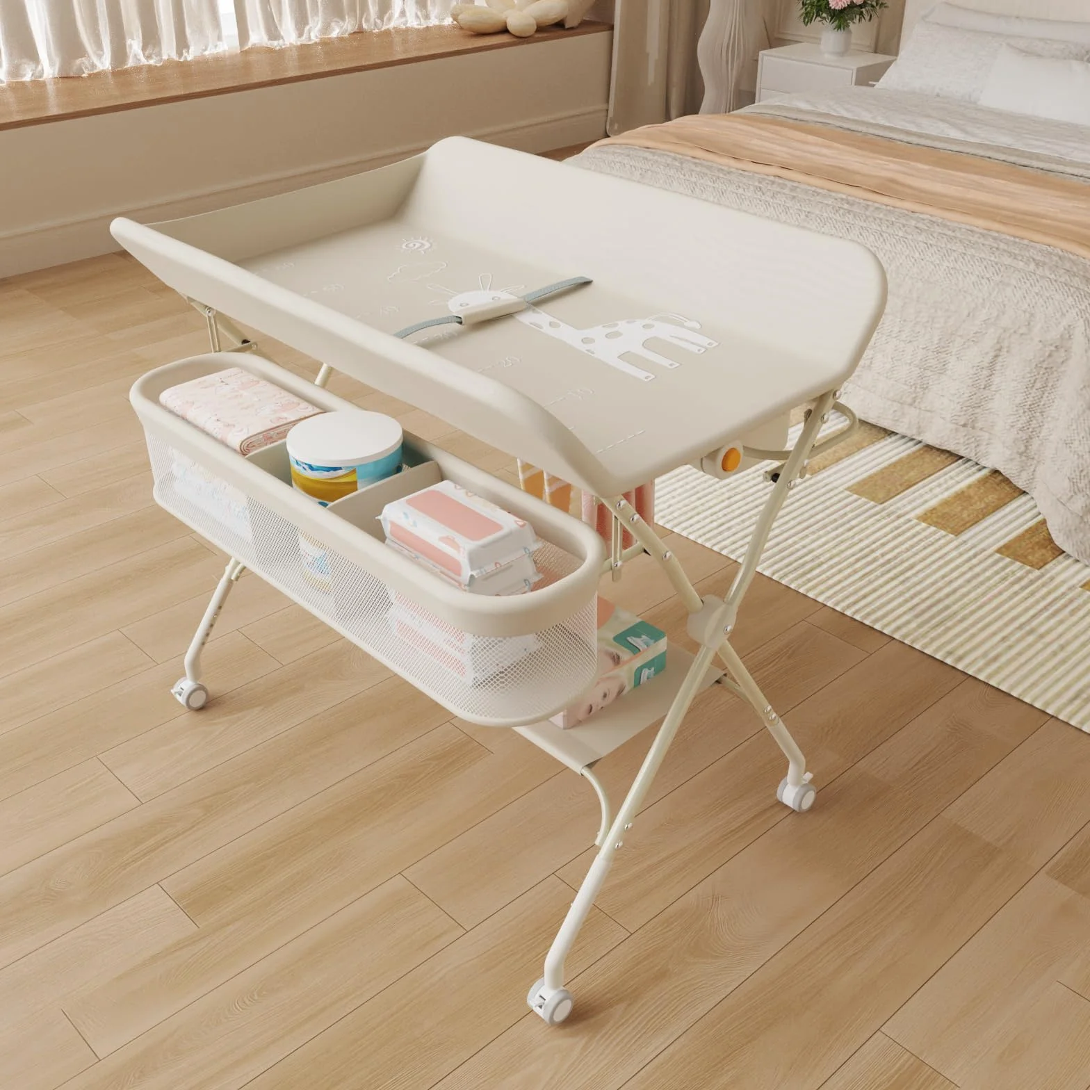 OHMG Fasciatoio pieghevole per Neonati, Tavolo Cambio Pannolini Multifunzionale Portatile, 0-36 Mesi, Organizer per Pannolini, Ruote a 360° Freno, Imbracatura e Protezione di Sicurezza, Lavabile