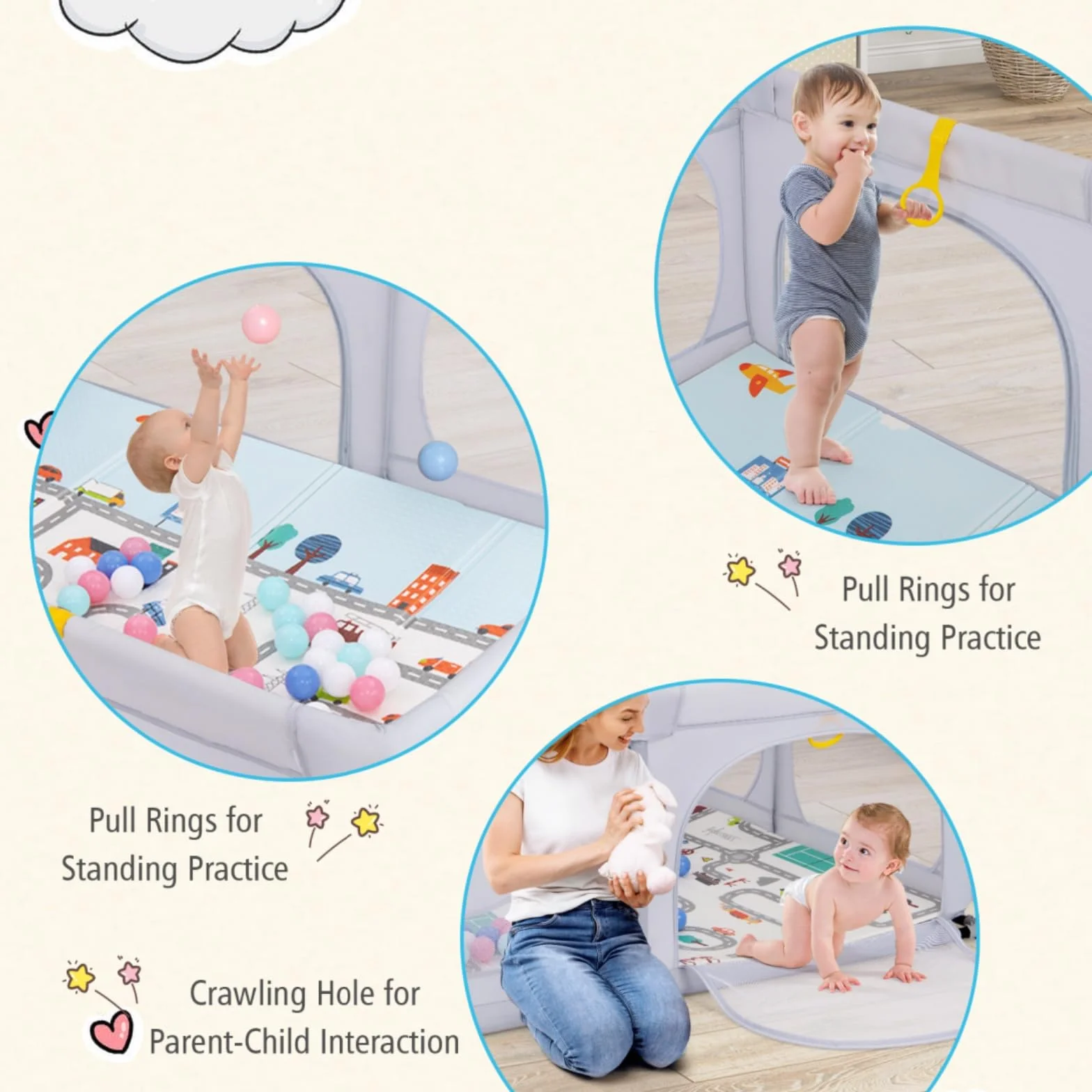 LIFEZEAL Recinto Bambini con Tappeto Gioco, 189x158cm, Box Neonato con Materassino, Box Bimbo 0~36 Mesi con Borsa, Anelli e Palline Colorate, Recinto Neonati in Rete Traspirante (grigio chiaro)