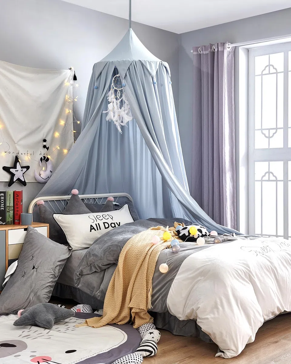 Surwin Baldacchino per Letto Bambina Bambini, Blu Tenda Zanzariera Baldacchino per Lettino Culla Neonato | Cupola Rotonda per Camera da Letto Lettura Cameretta