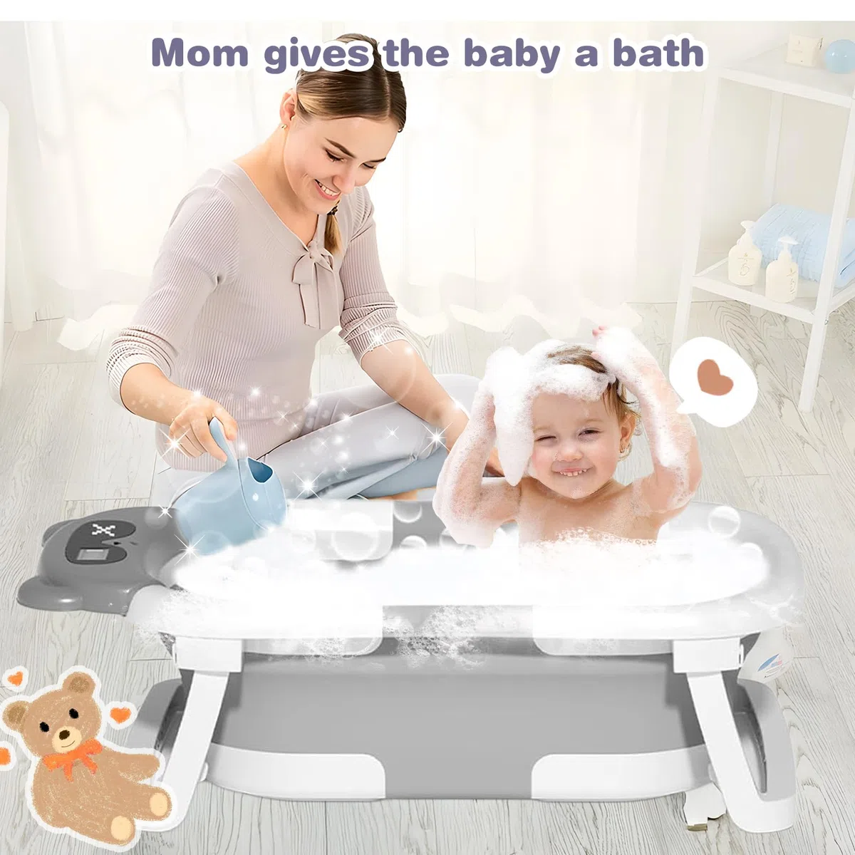 Vaschetta Bagnetto Neonato Pieghevole, Vasca da Bagno Portatile Con Materasso a Cuscino e Termometro, Vasca Neonato Bagnetto Per Neonati E Bambini, Portatile, Salva Spazio