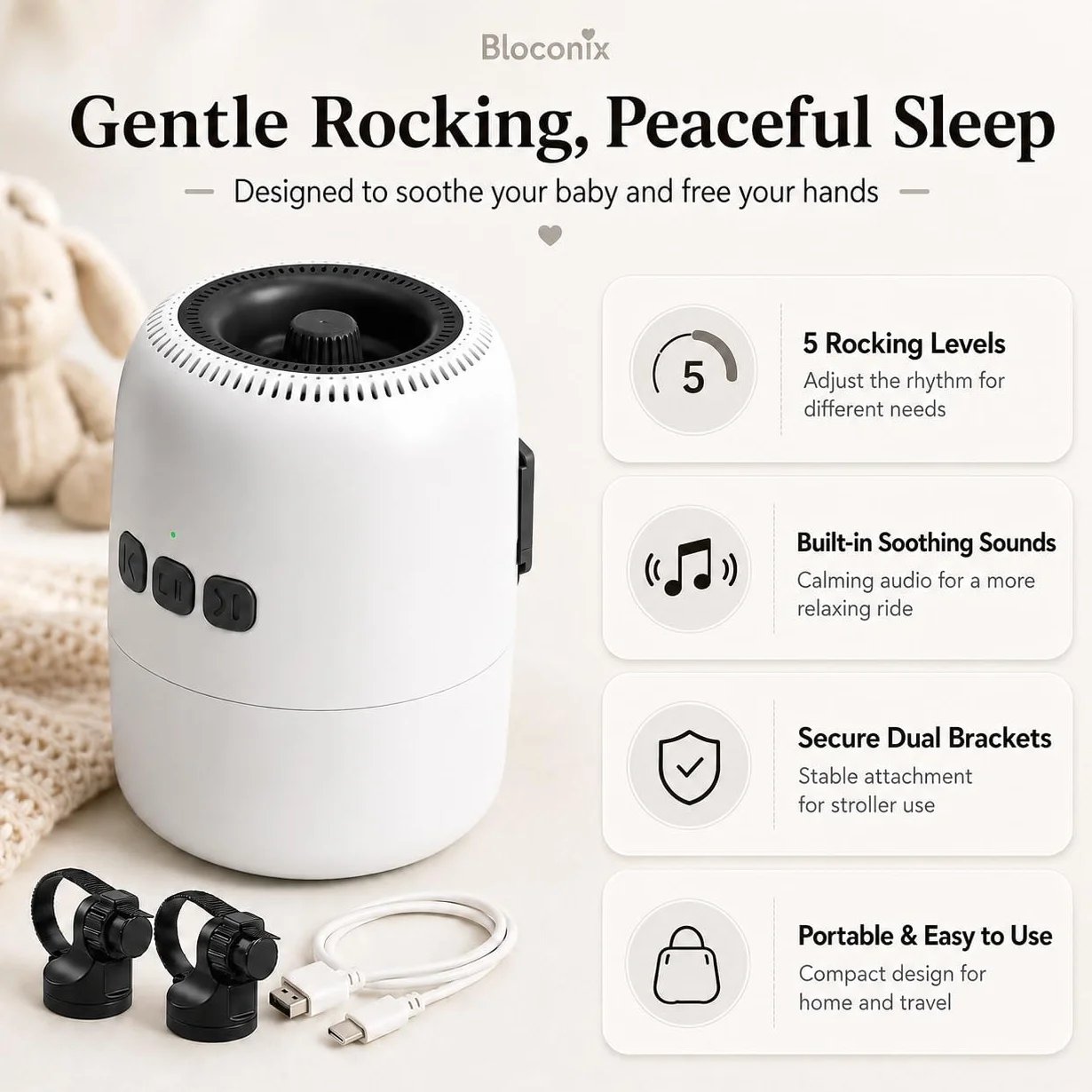 Baby Rocker Ricaricabile, Dondola Passeggino con 5 Livelli di Oscillazione e Rumore Bianco - Regolabile, Ultra Silenzioso, USB-C, 2 Supporti Universali per Tutti i Passeggini (Bianco)