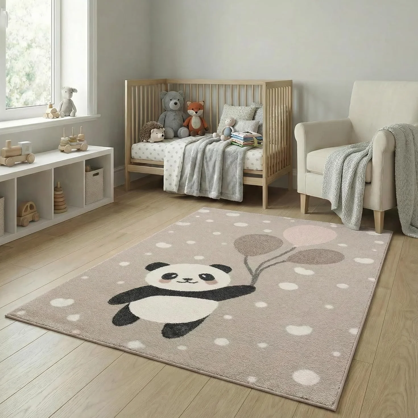 Jimri Tappeto per la cameretta dei bambini con orsetti, panda, pois, cuoricini e palloncini, tappeto per bambini - Crema, 120 x 170 cm
