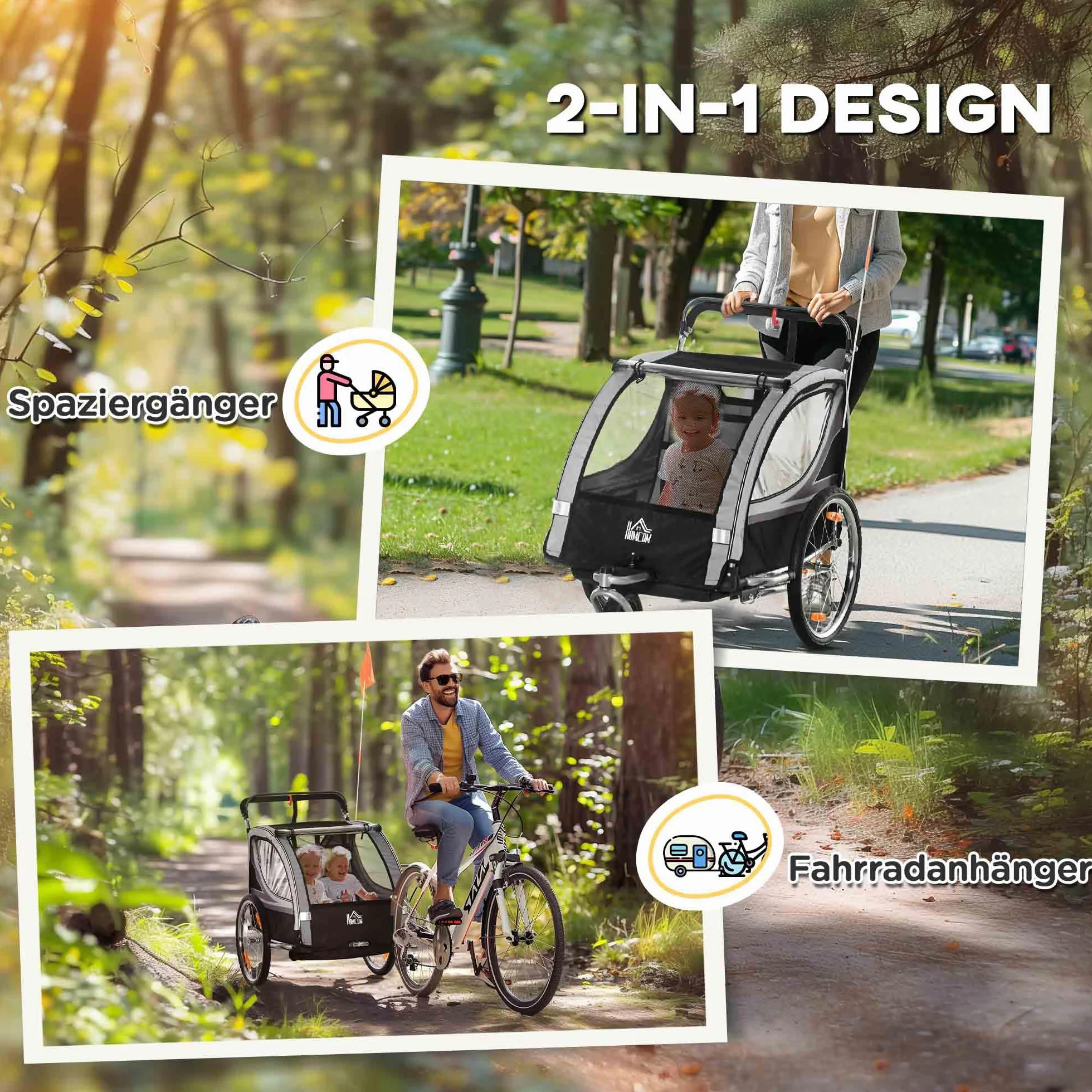HOMCOM 2 in 1 Kinderfahrradanhänger mit Mesh-Tür, 360° Drehbares Vorderrad, Buggy mit Bremse, 142 x 75 x 101 cm