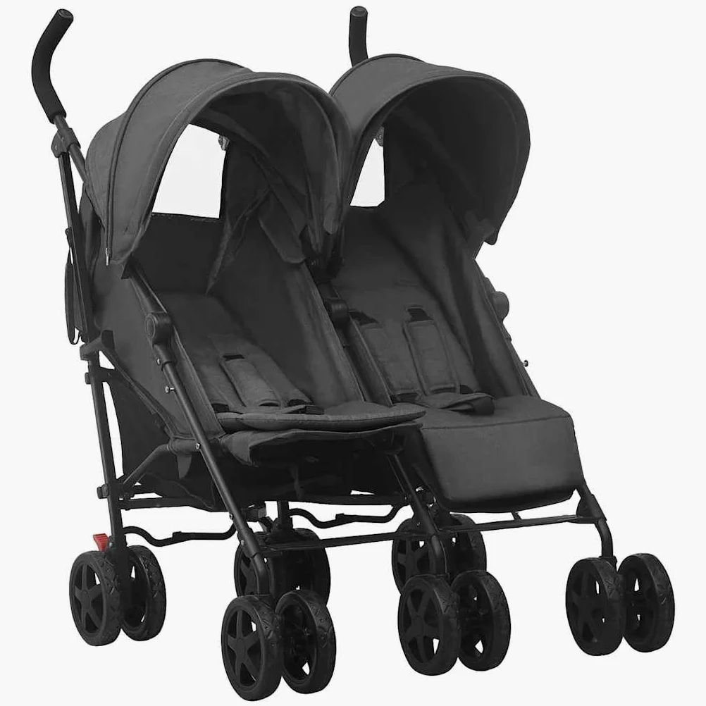 Passeggino Tandem Gemellare vitaXL Nero in Acciaio