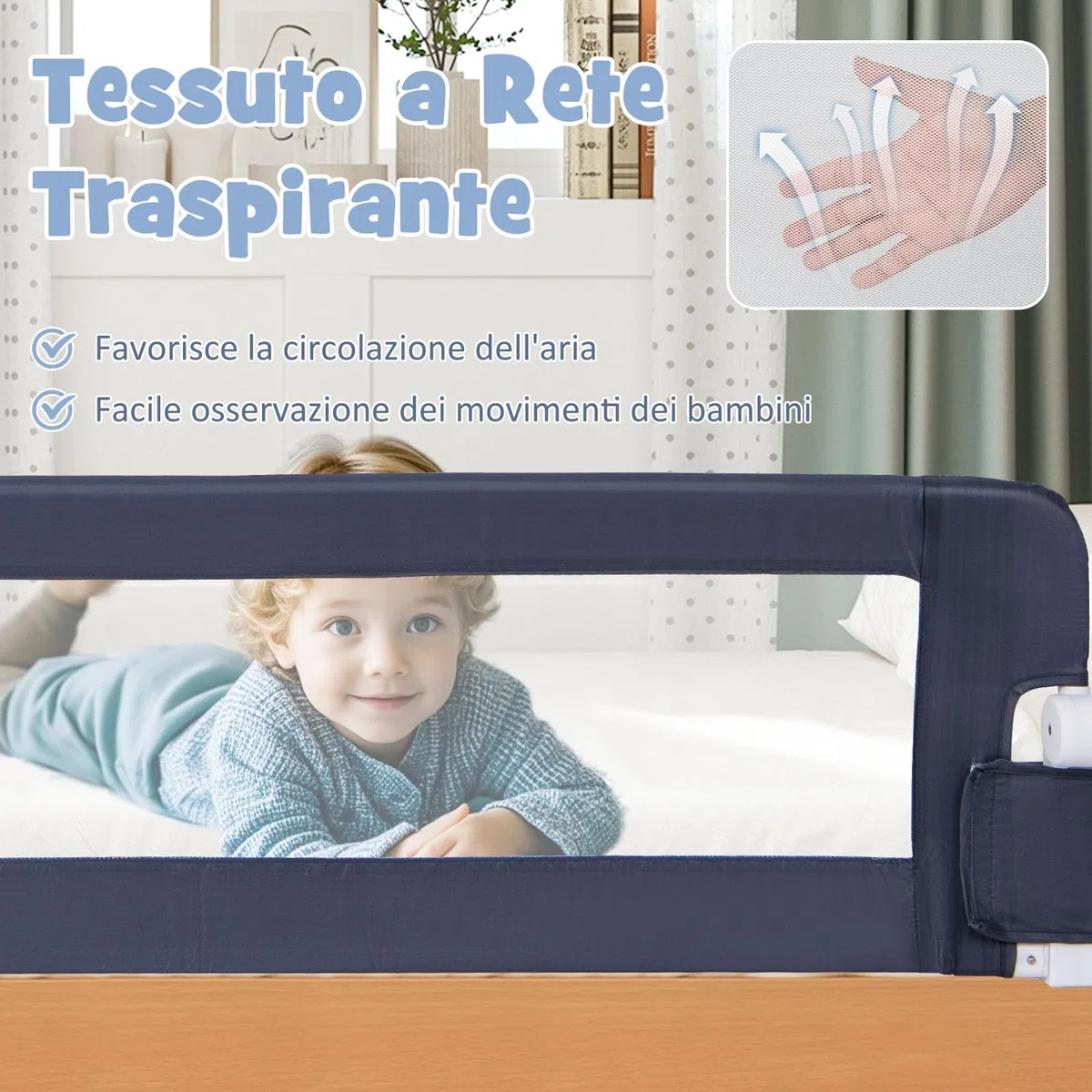 RELAX4LIFE Sponda Letto per Bambini 105/120/150cm, Barriera di Sicurezza, Traspirante e Pieghevole, Sbarra Letto per Letti Singoli e Matrimoniali (152x34x42cm, Grigio)