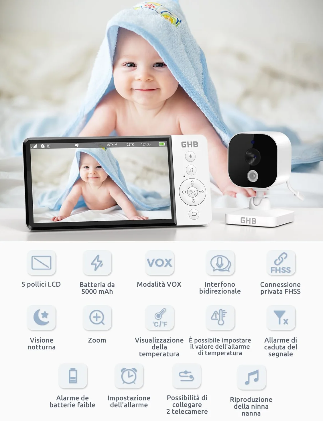 GHB Baby Monitor Video e Audio 5" 720P HD Telecamera Bambini con Schermo IPS 5000mAh VOX Visione Notturna Rilevamento della Temperatura