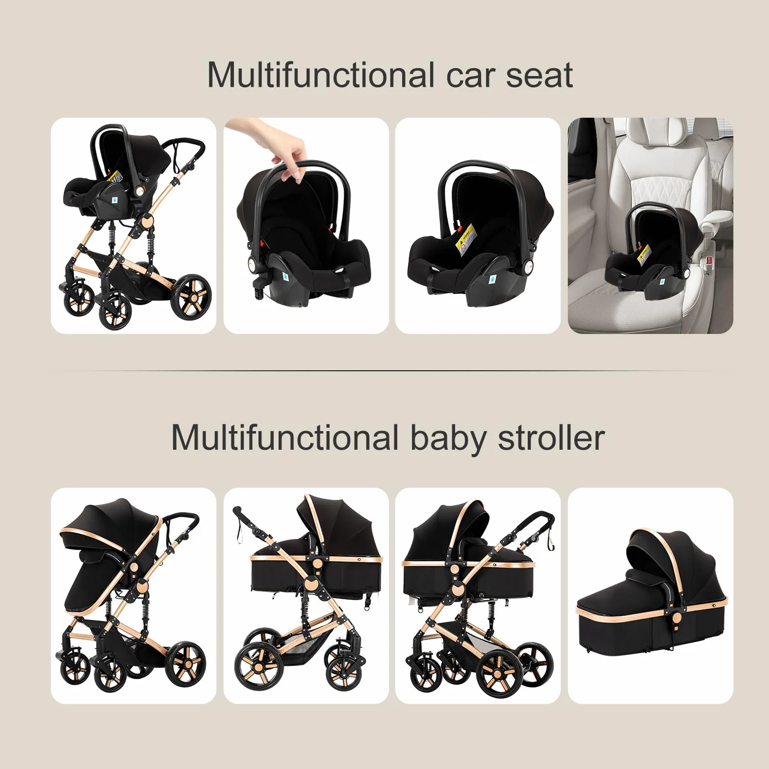 Passeggino 3 in 1 Triciclo Girello Passeggino Alto Carrozzina per Bambini 0-36 Mesi Nero Oro