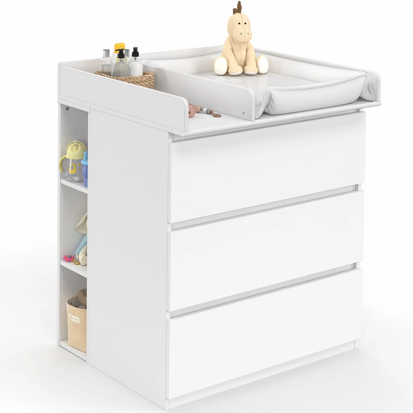 IDMarket - AMBRE cassettiera bianca fasciatoio a 3 cassetti e 2 ripiani estraibili