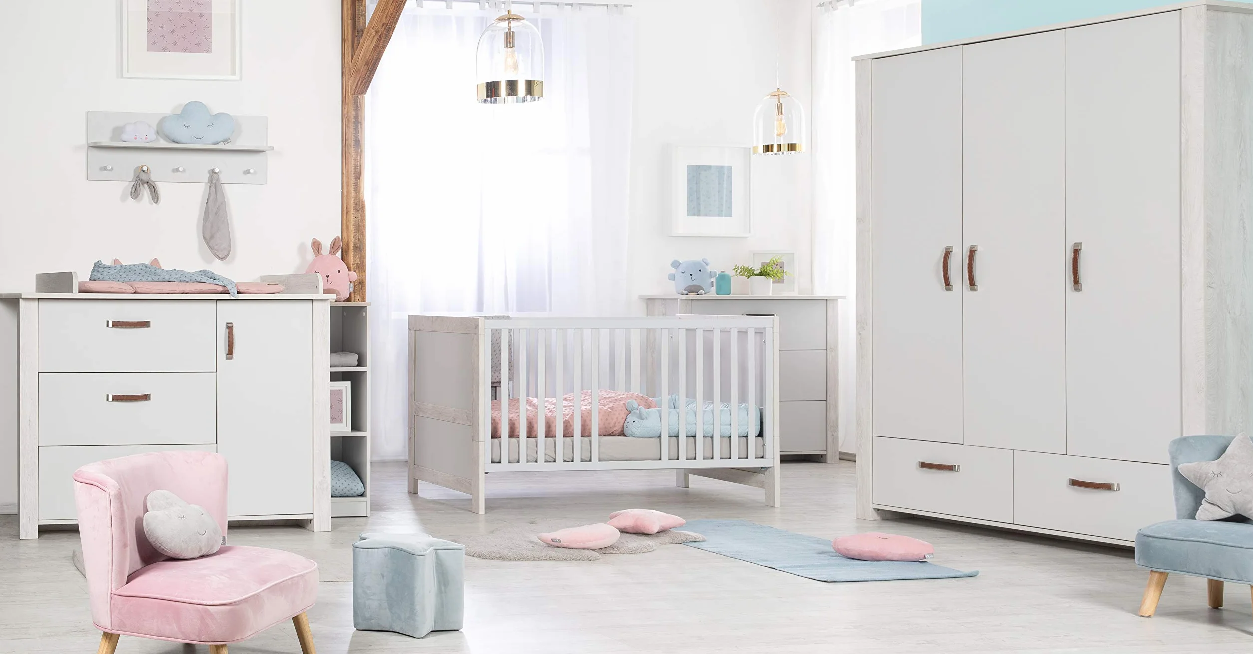 Cameretta per Bambini Mila Lettino Combinato 70x140 cm Fasciatoio Cassettiera Armadio 3 Ante Bianco Grigio