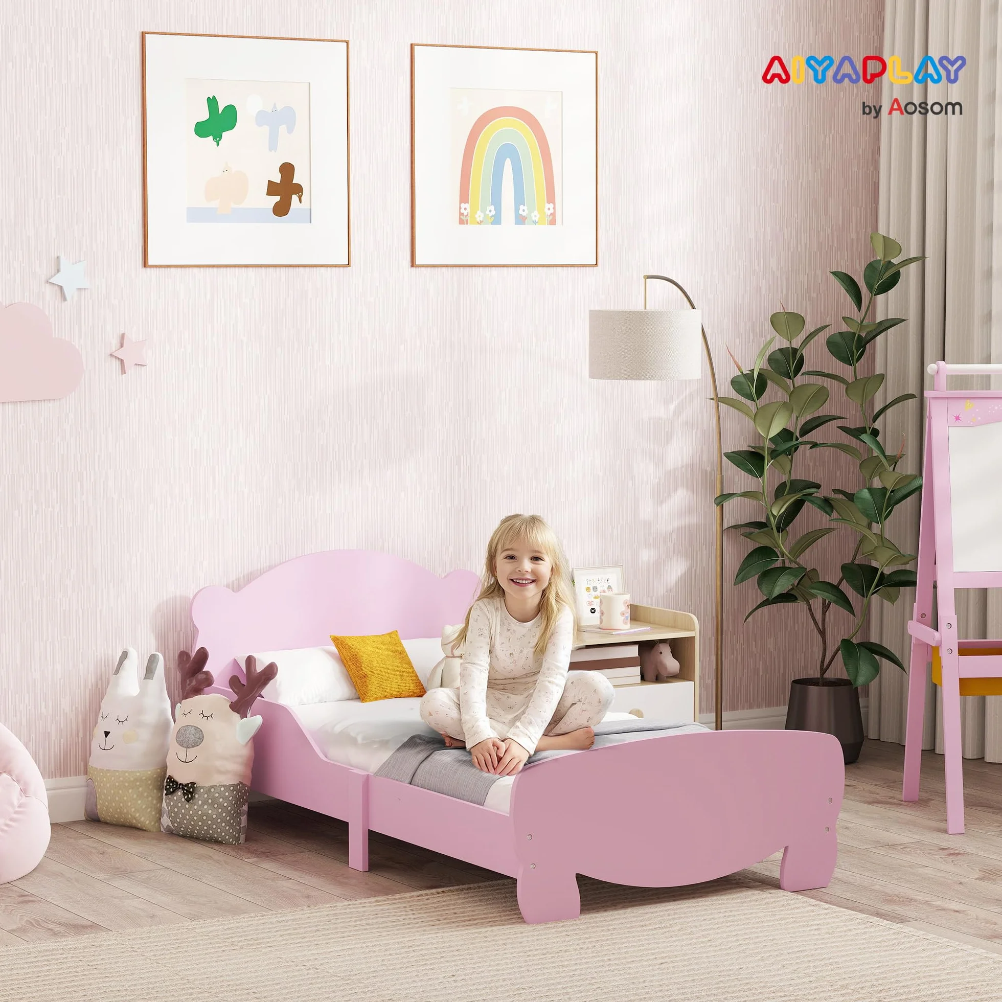 AIYAPLAY Letto Montessori Bambini 140x70 cm Lettino Singolo con Sponde Anti-Caduta Rosa