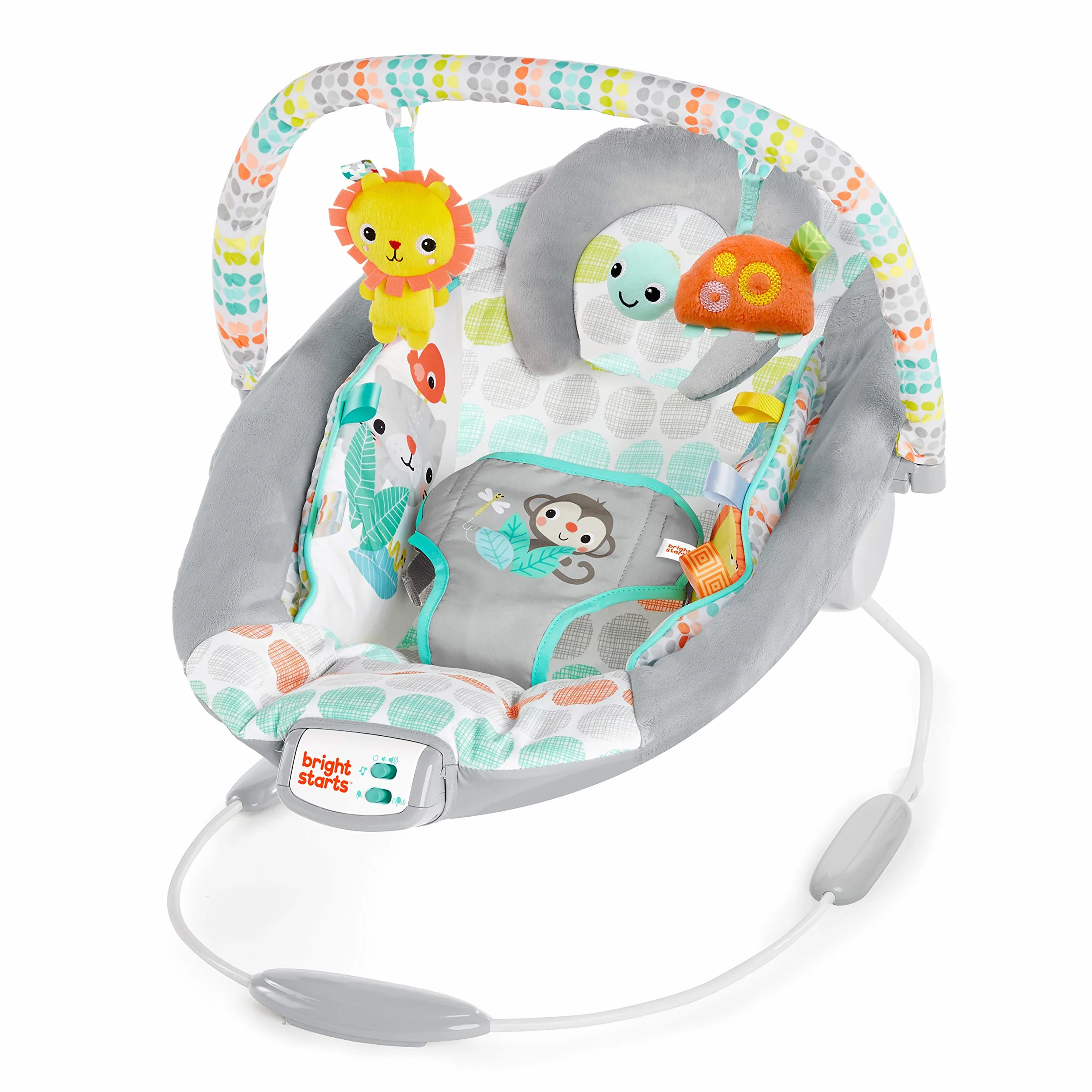 Bright Starts Sdraietta per bambini Confortevole con Vibrazioni Rilassanti - Taggies, Musica, Barra dei Giocattoli Rimovibile, 0-6 Mesi Fino a 9 kg (Whimsical Wild)