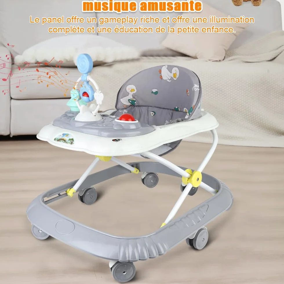 Girello per bambini 5 in 1, girello pieghevole per bambini, con 4 altezze regolabili, luci, musica, vassoio attività rimovibile, portata 12 kg, per 6 mesi-67 x 72 x 92 cm, grigio (B)