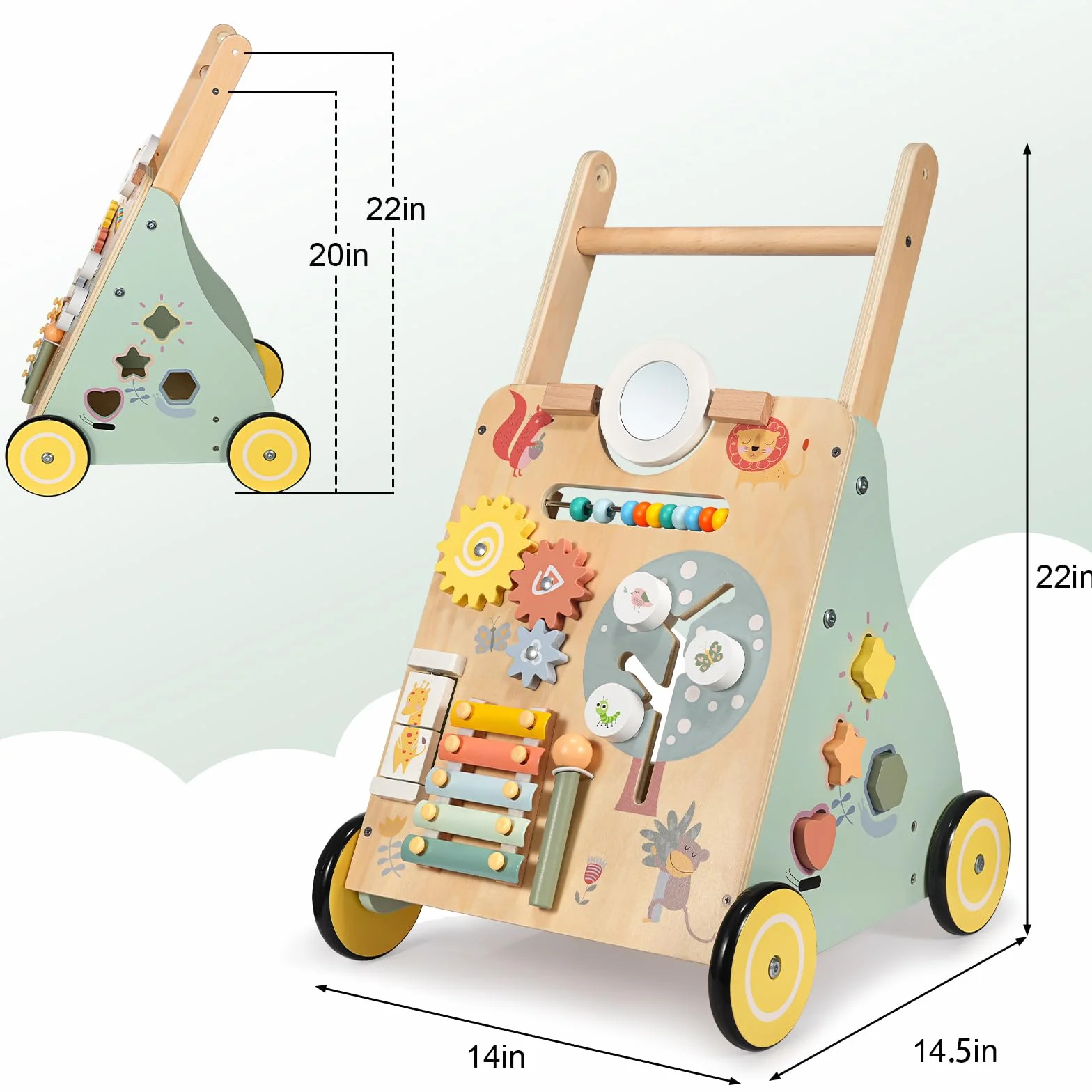Girello per Bambini di Legno, Carrello Primi Passi Legno con 8 Giochi Interattivi, Giocattoli Bambino 1 Anno, Primi Passi per Bambini, Baby Walker Regali di Natale e Compleanno
