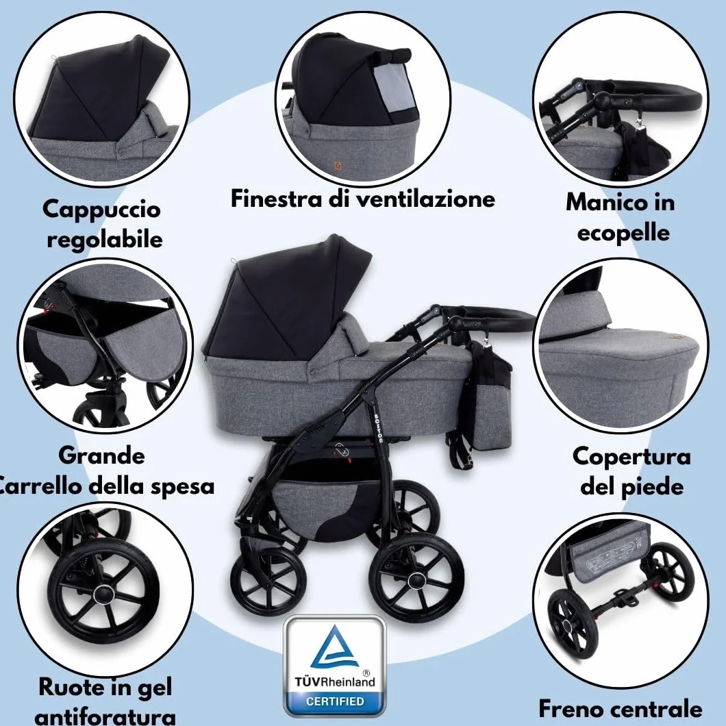 GaGaDumi Boston Passeggino Trio 3 in 1 Carrozzina Passeggino Seggiolino Auto Sistema Viaggio Completo Nero