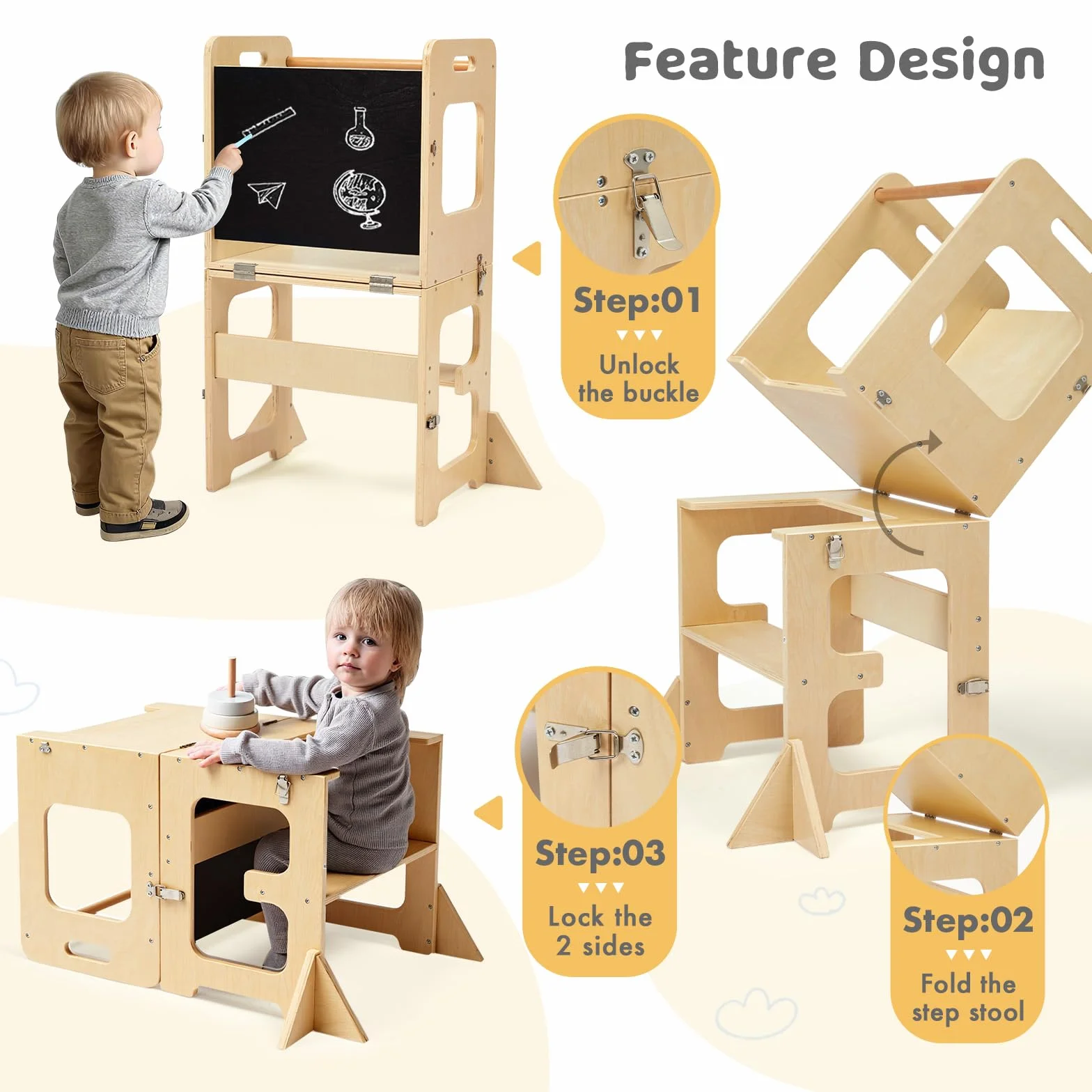 Labebe Montessori Torre per bambini 3 in 1 pieghevole didattica Scala Sgabello con lavagna Legno torretta utensili da cucina 18 mesi