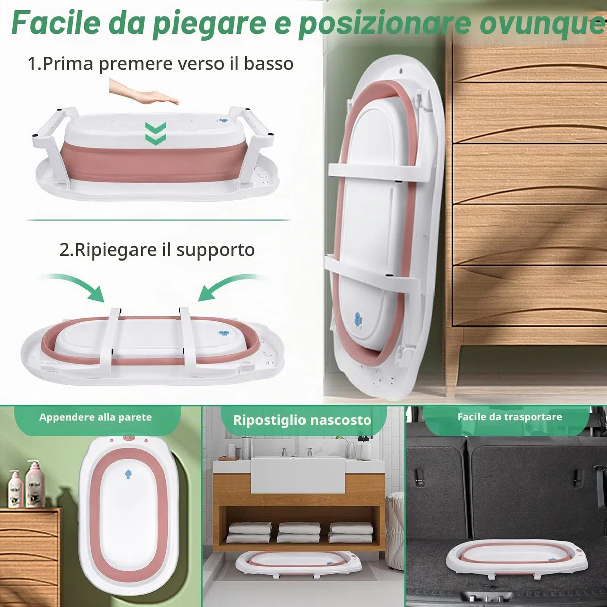 Froadp 82x50x20cm Vasca da Bagno Pieghevole per Bambini, Vaschette Bagnetto Neonato Antiscivolo con Suporto, Bacino Doccia di Sicurezza Portatile per Neonati e Bambino 0-8 anni (Rosa con Cuscino)