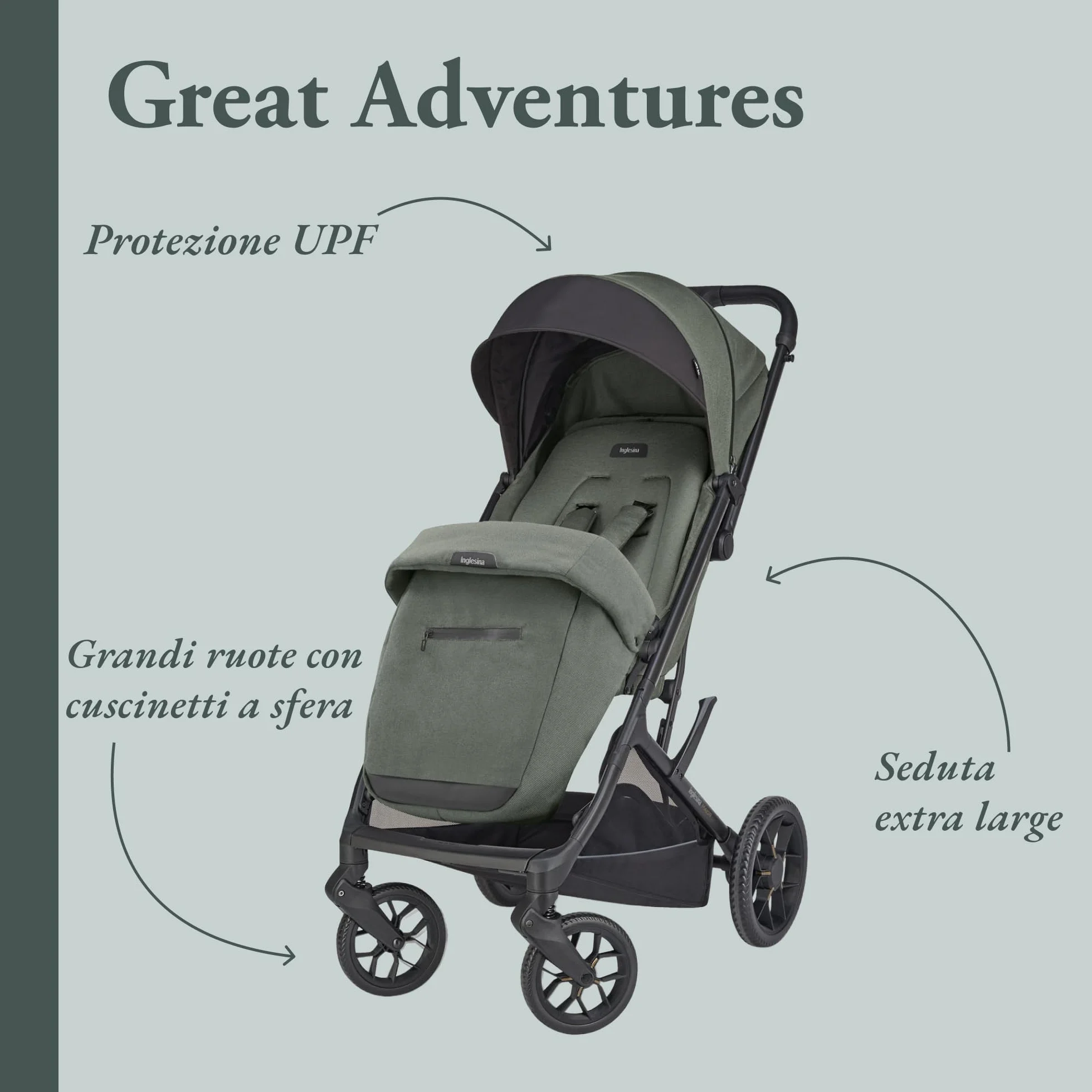 Inglesina Maior Passeggino Compatto 7,9 kg, Ruote Grandi Ammortizzate, Seduta Ampia All Season, UPF 50+, fino a 22 kg, Taiga Green