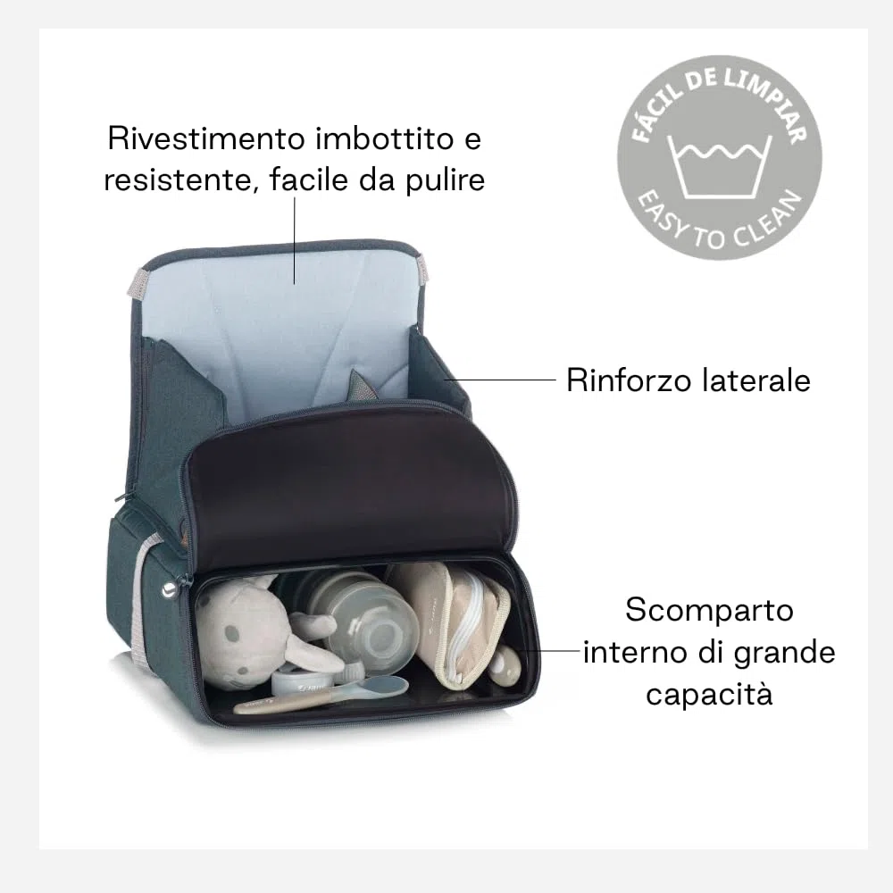 Jané Booster Seat Rialzo Sedia Bambino, Seggiolino Pappa da Viaggio con Vano Interno, Fissaggio Sicuro, Fino a 15 kg, Blu
