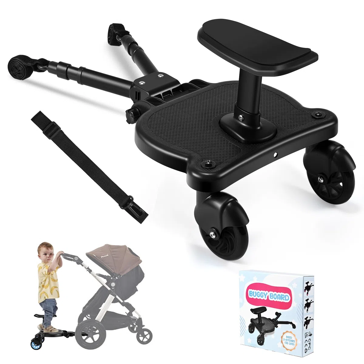 Pedana Passeggino Universale, Pedana per Bambini con Sedile, Tavolette Portatili per Passeggini, Compatibile con Oltre Il 99% dei Passeggini, per Bambini da 2 a 6 anni, Carico 25 kg