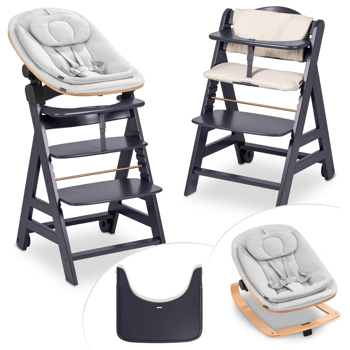 hauck Seggiolone Beta+ Newborn Set Eco Bouncer - Sediolone Pappa Bimbi in Legno Da 0 Mesi con Sdraietta Neonati Dondolo, Cuscino e Vassoio - (Grigio scuro)