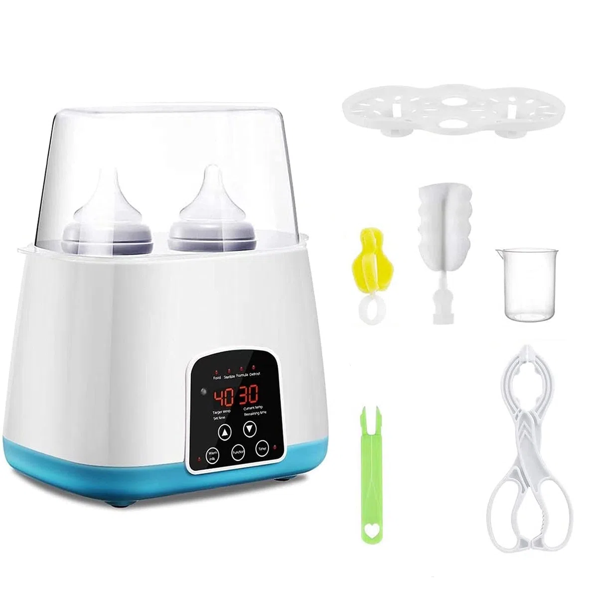 Scaldabiberon, Sterilizzatore per Biberon, Scaldabiberon, Scaldabiberon doppio per latte materno, con display LCD, timer e 5 accessori (Blu)