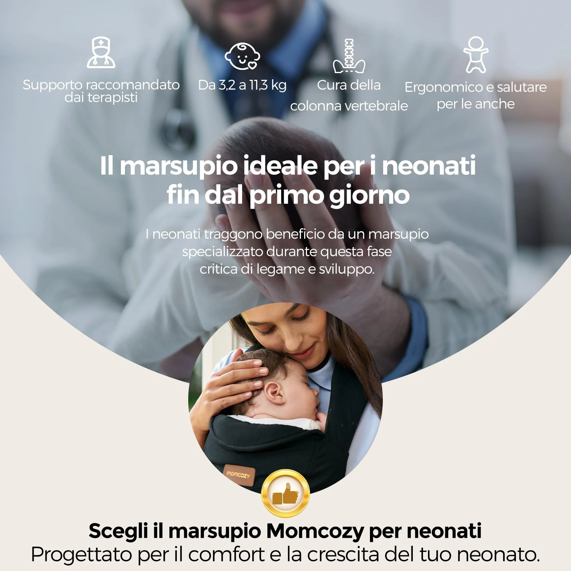 Momcozy Marsupio Porta Bebè per Neonati, Seduta Regolabile con Scala sulla Cintura, Supporto Collo, Chiusura con Anello di Sicurezza, 3,2–11 kg, Nero