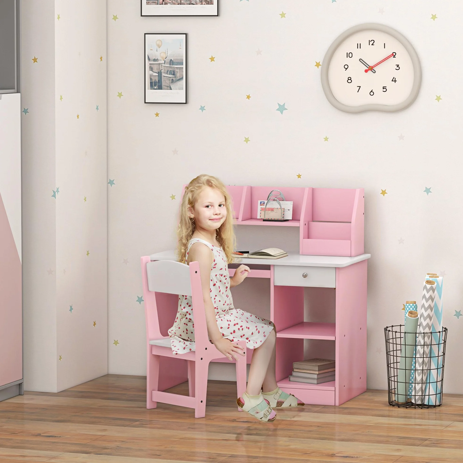 ZONEKIZ Set di scrivania e sedia per bambini 2 pezzi con cassetto per tastiera, rosa