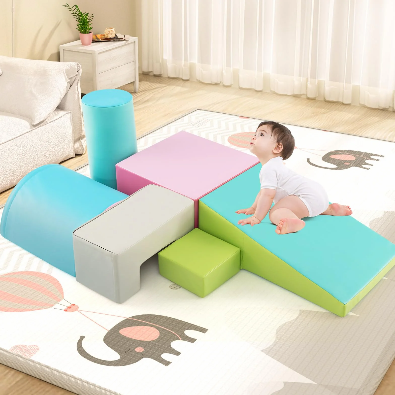 COSTWAY Set di 6 Blocchi per Bambini con Diverse Forme e Colori, Centro Attività Palestrina Giocattolo per Arrampicata e Strisciamento (Verde)