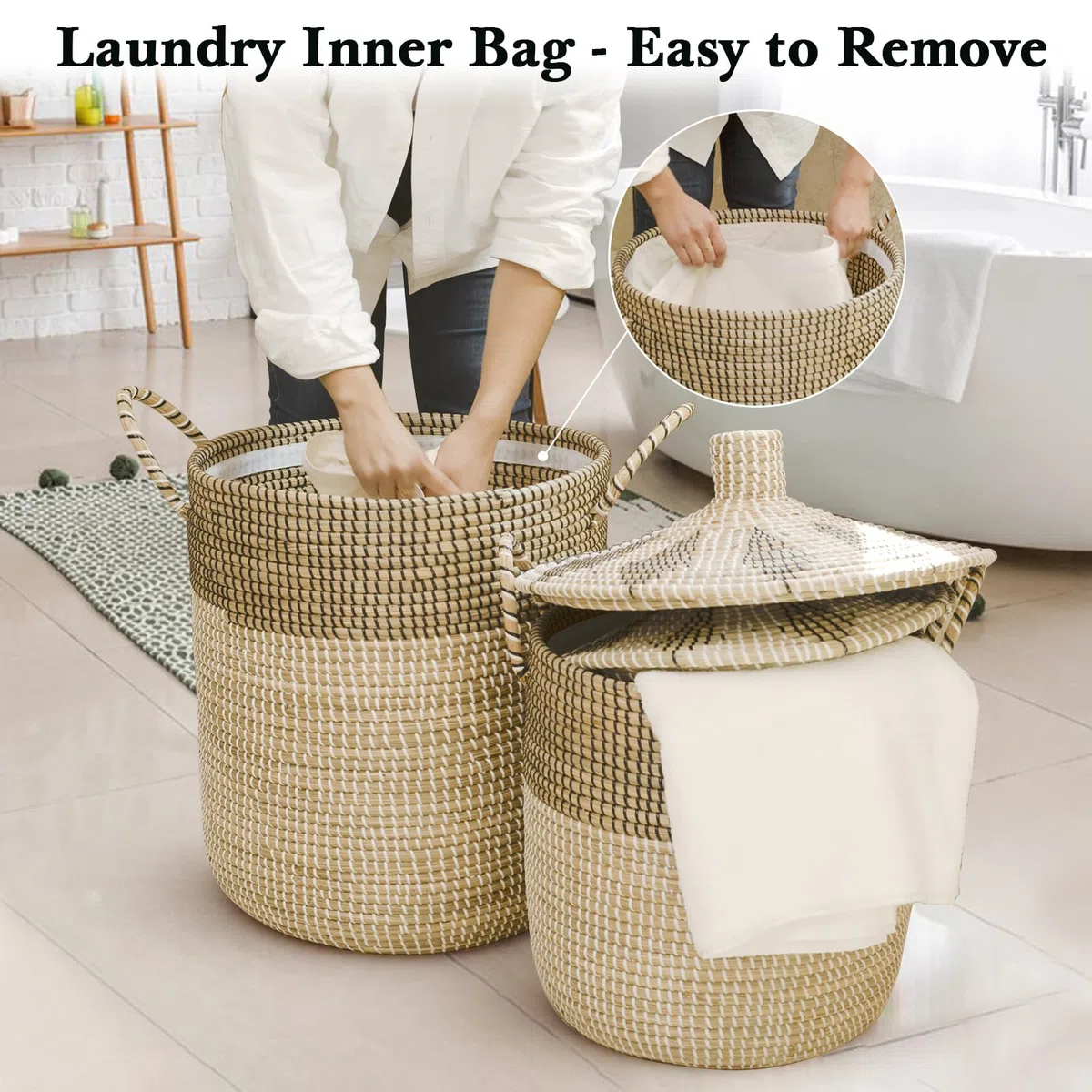 3 Set di cesti per biancheria intrecciati con coperchio, di varie dimensioni 76L+43L+26L, cesto con tasche e manici, cesti portaoggetti in zostera realizzati a mano, per biancheria o coperte in bagno