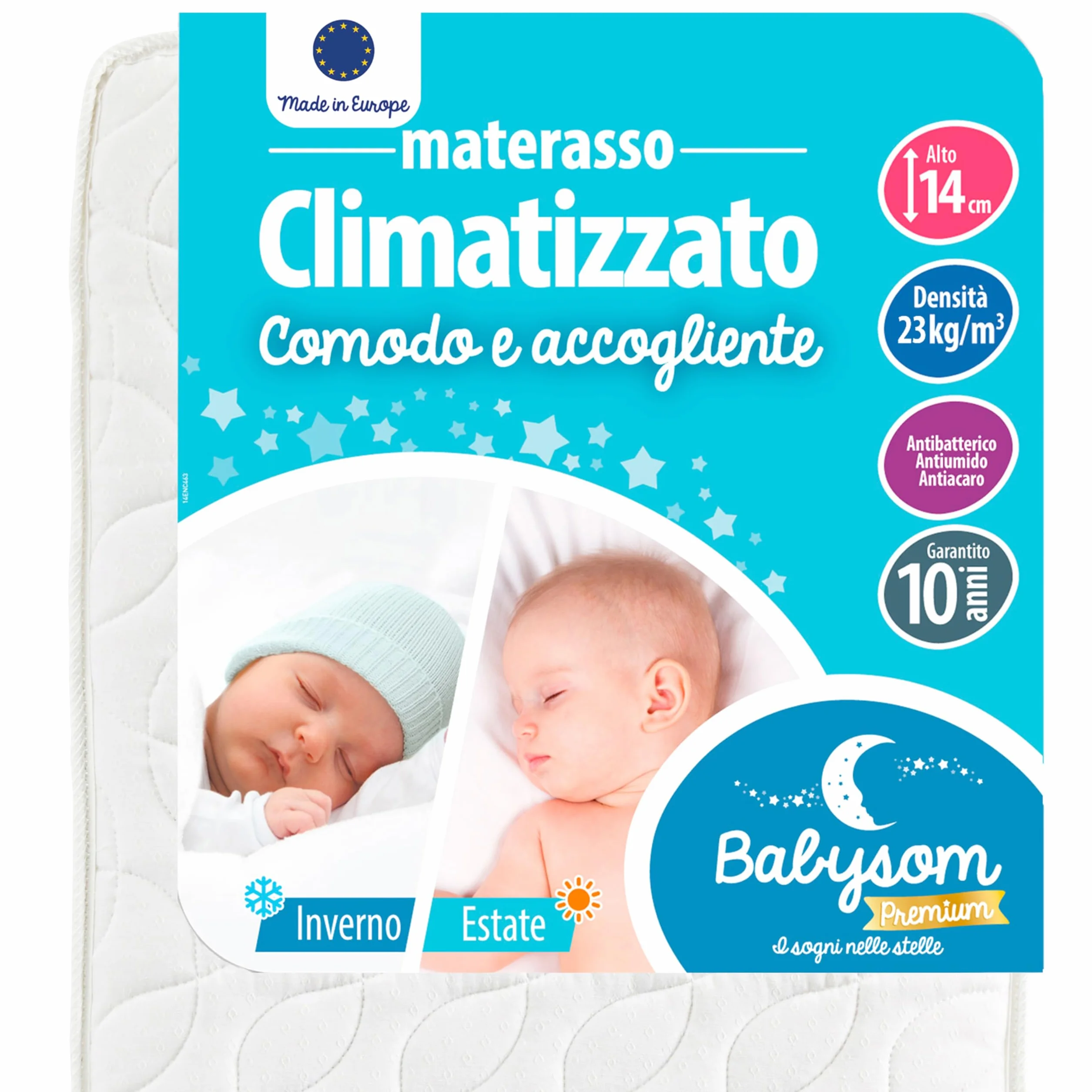 Babysom - Materasso Lettino Bambino Climatizzato Estate/Inverno - 60x120 cm | Per Neonato - Altezza 14cm - Traspirante - Antiacaro e Antisoffoco - Garanzia 10 anni